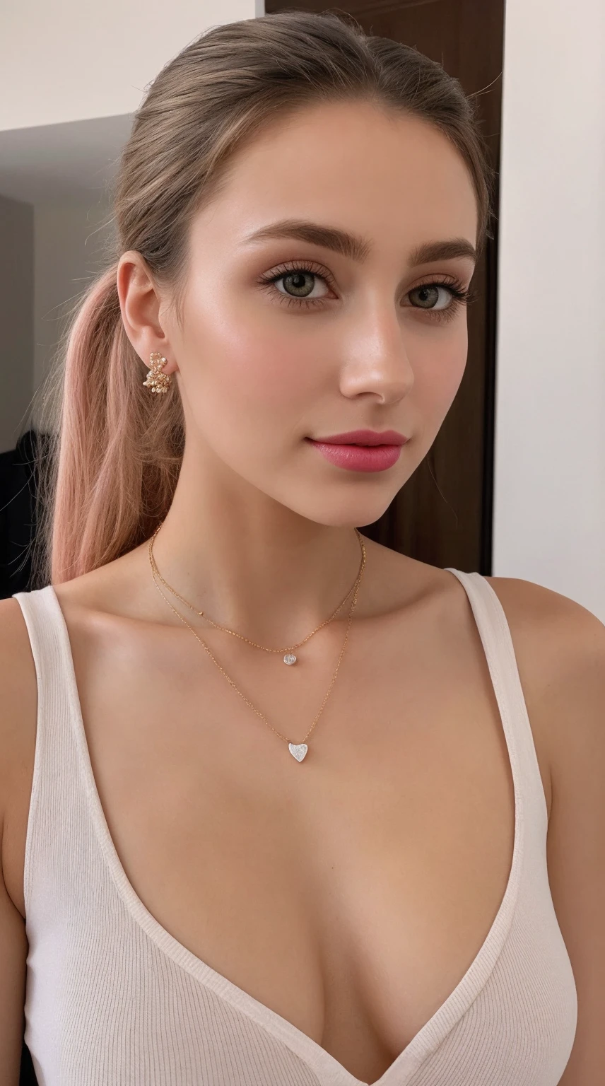 color photograph, close-up, ((a realistic photo of a beautiful girl)), (milalc), light, ((glowy skin)), looking_at_viewer, (fit body:1.0), ((medium breasts)), soldier,  beautyfull drees, jewelry,  neckless, wearing to many accessories, pink lipstick, shy, blushing,  high ponytail, detailed illustration, masterpiece, high quality, realistic, very detailed face,