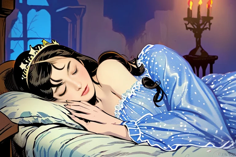 ink illustration, “Sleeping Beauty”, Grimm Fairy Tales, sleeping beautiful princess, (((wearing night gown, tiara))), (((small bust, sleeping on bed for hundred years, in ruined castle))), (((american comic style, art by J. Scott Cambell)))
