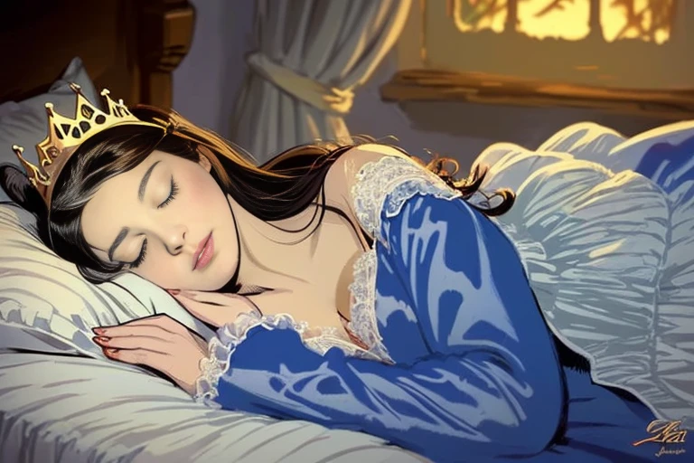 ink illustration, “Sleeping Beauty”, Grimm Fairy Tales, sleeping beautiful princess, (((wearing night gown, tiara))), (((small bust, sleeping on bed for hundred years, in ruined castle))), (((american comic style, art by J. Scott Cambell)))