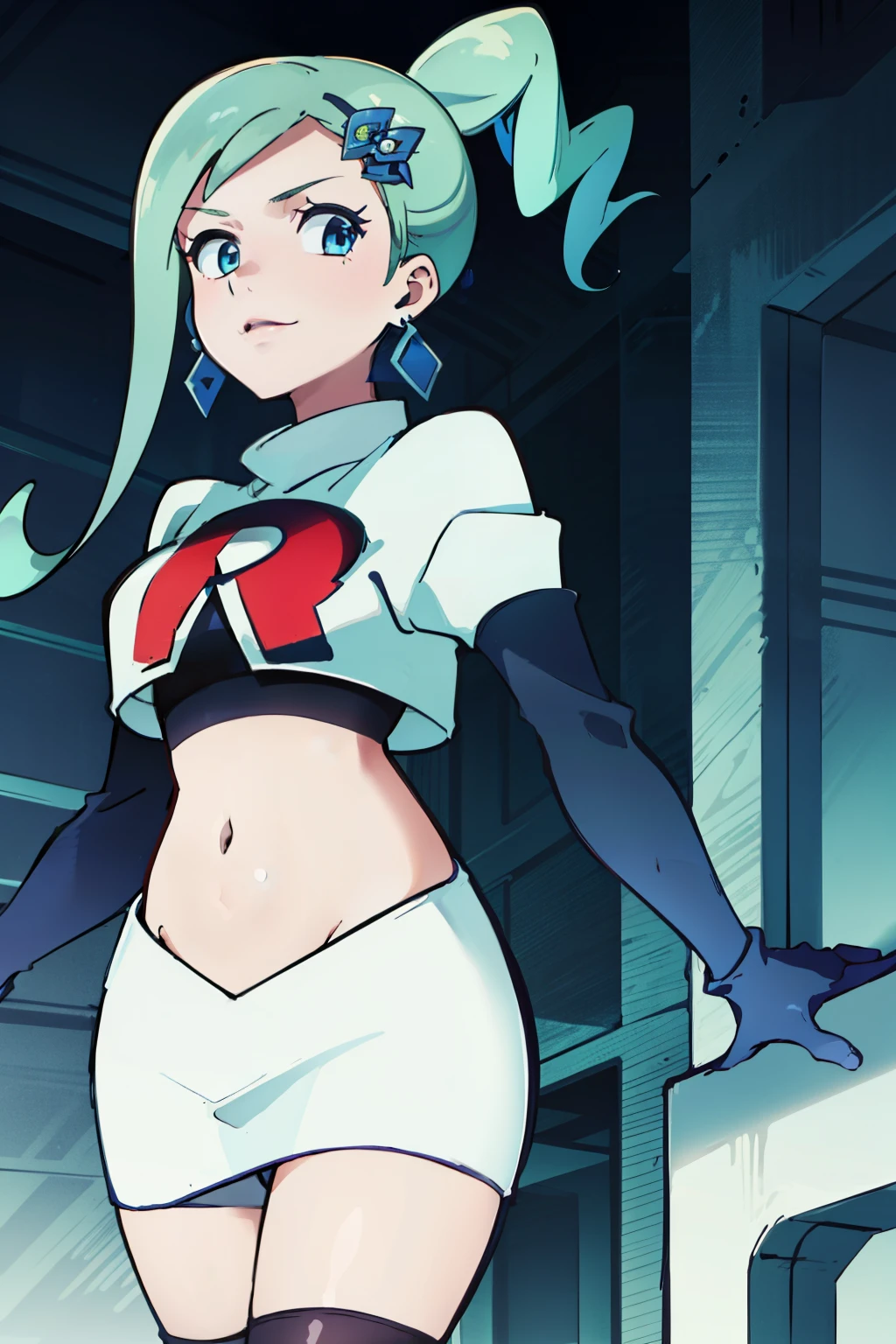 AALISIA,LONG HAIR,ASYMMETRICAL HAIR,SIDELOCKS,HAIR ORNAMENT,EARRINGS,1girl, solo,team rocket,team rocket uniform,white skirt,red letter R,crop top,black thigh-highs,black elbow gloves