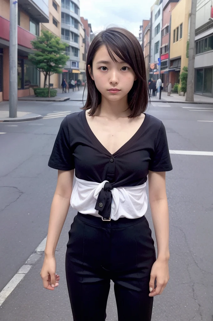 Japanese anime style. woman. army soldier. mini skirt. Stand and spread your legs. From below.