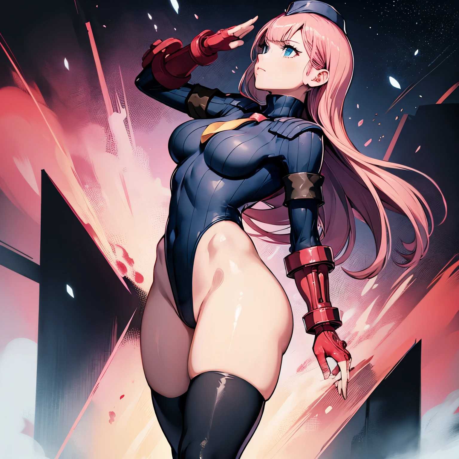 ultra-detailed, Explicit, Beautiful body, Beautiful Nose, Beautiful character design, perfect eyes, perfect face, ultra highres, 4K, beautiful legs, perfect legs, Nice hands, Perfect hand, Masterpiece, Best Quality, Highly detailed, illustration, absurdres, street fighter, doll suit, shadaloo doll, dollsuit, expressionless, blank eyes, looking at viewer, red gloves, emotionless, black latex, corrution, mind control, female combatant, full body, hypnotized, unhappy trance, full body suit, ribbed bodysuit, both arms at side, obey, perfect female body, extremely glossy latex, hypnosis, hypnoLora, empty eyes, Mind control device, poses, submissive_pose, Slave, hat, necktie, stand up straight, standing, standing at attention, hat, necktie, belt, latex, ribbed bodysuit, thighhighs, garter belt, Fighting Stance, extending the right arm from the shoulder into the air with a straightened hand, military, thigh boots, solo, 1girl, We Never Learn, Mafuyu Kirisu, pink hair, long hair, blue eyes, from back, looking from back
