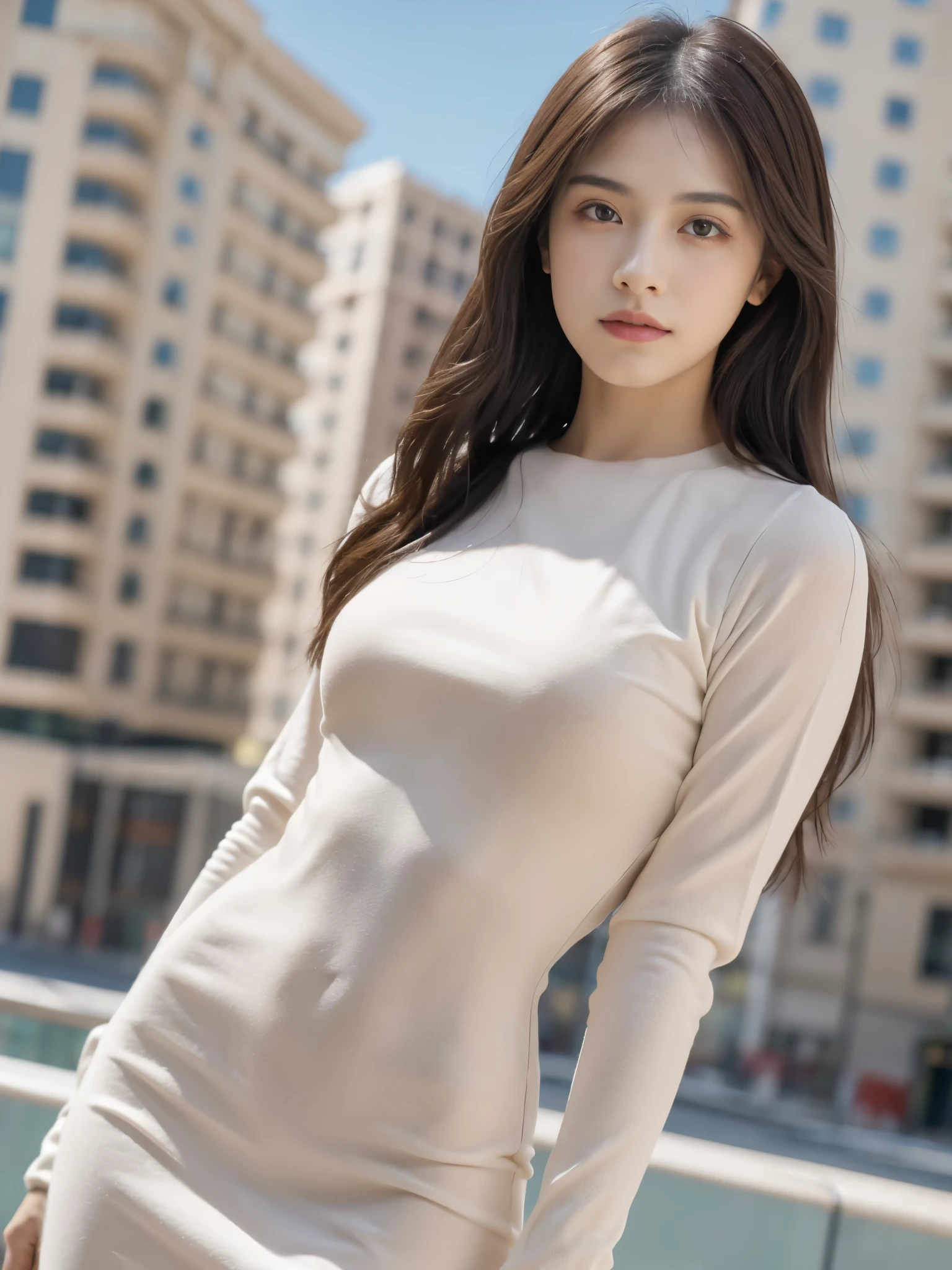 Obra maestra, La mejor calidad, ultra-high resolution, Foto de alto detalle, Unidad 8K Fondo de pantalla, CG extremadamente detallado:1.2),(Foto RAW:1.realistic photography:1.4), 1girll , joven, physically based representation, beautiful, (Cara finamente detallada:1.4, Ropa detallada), (Detallado:1.4) Cara hermosa, Profundidad de campo, Agregar capa, hiperrealista, 27 years old, Modelo de cuerpo perfecto, senos perfectos, 175cm de altura, pose sexy, cuerpo completo, Tipo de cuerpo del modelo, Long-Sleeve Crew Neck Plain Midi Bodycon Dress, Cabello largo, (Eimi Fukada), doble parpado, depth of field, bokeh,