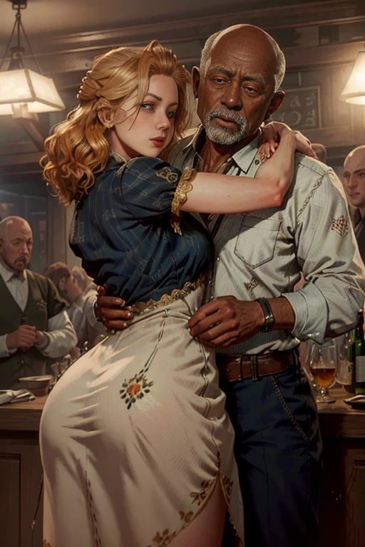 (master part, best quality:1.3) 
RDRAbigail, 1 beautiful sexy blonde girl with a big butt naked hugging an old bald 90 year old black man, Realistic, tiro completo , bar na cobertura, Noite, lively and energetic with a mix of natural and arteificial light 4k, 8k, trending on artestation, front viewer