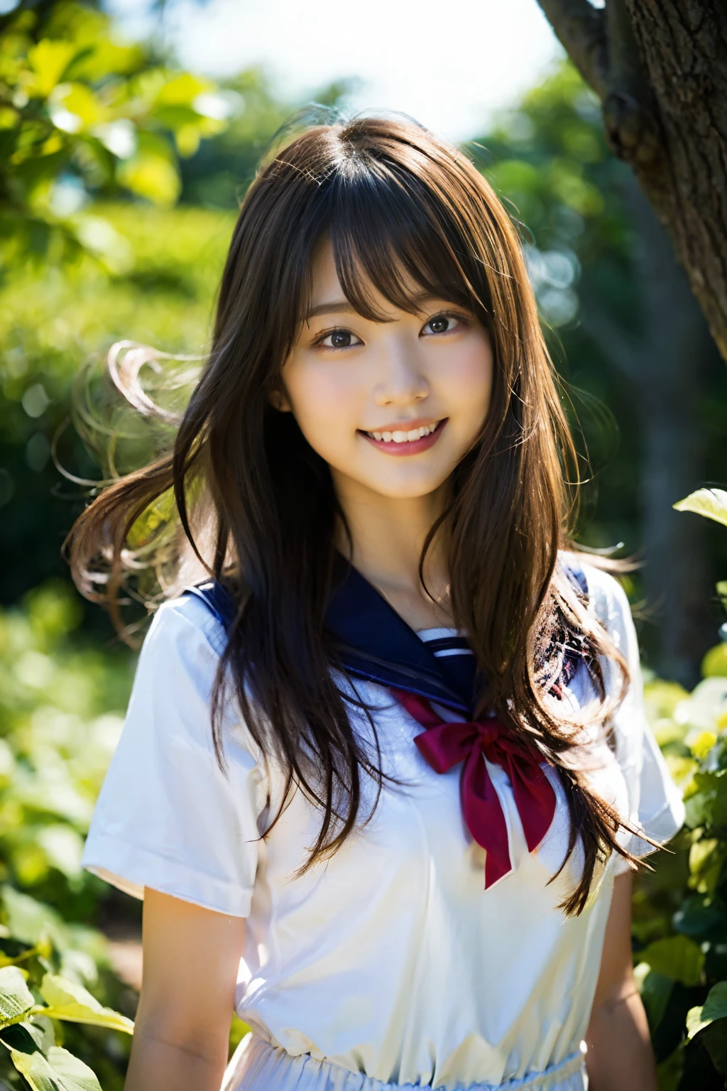 (8K、Raw photography、top-quality、masterpiece:1.2)、(realisitic、Photorealsitic:1.37)、ultra-detailliert、超A high resolution、女の子1人、see the beholder、beautifull detailed face、A smile、Constriction、(Slim waist) :1.3)、Beautiful detailed skin、Skin Texture、Floating hair、Professional Lighting、Whole human body、a blond、japanese hight school uniform、a sailor suit、Twin Hairstyles、E-cup、Happy smile、sixteen years old、Red ribbons、a baby face、in woods、Tree of the Rising Sun々Sunlight passing through、Deities々Shikai、Hair fluttering in the wind、the wind