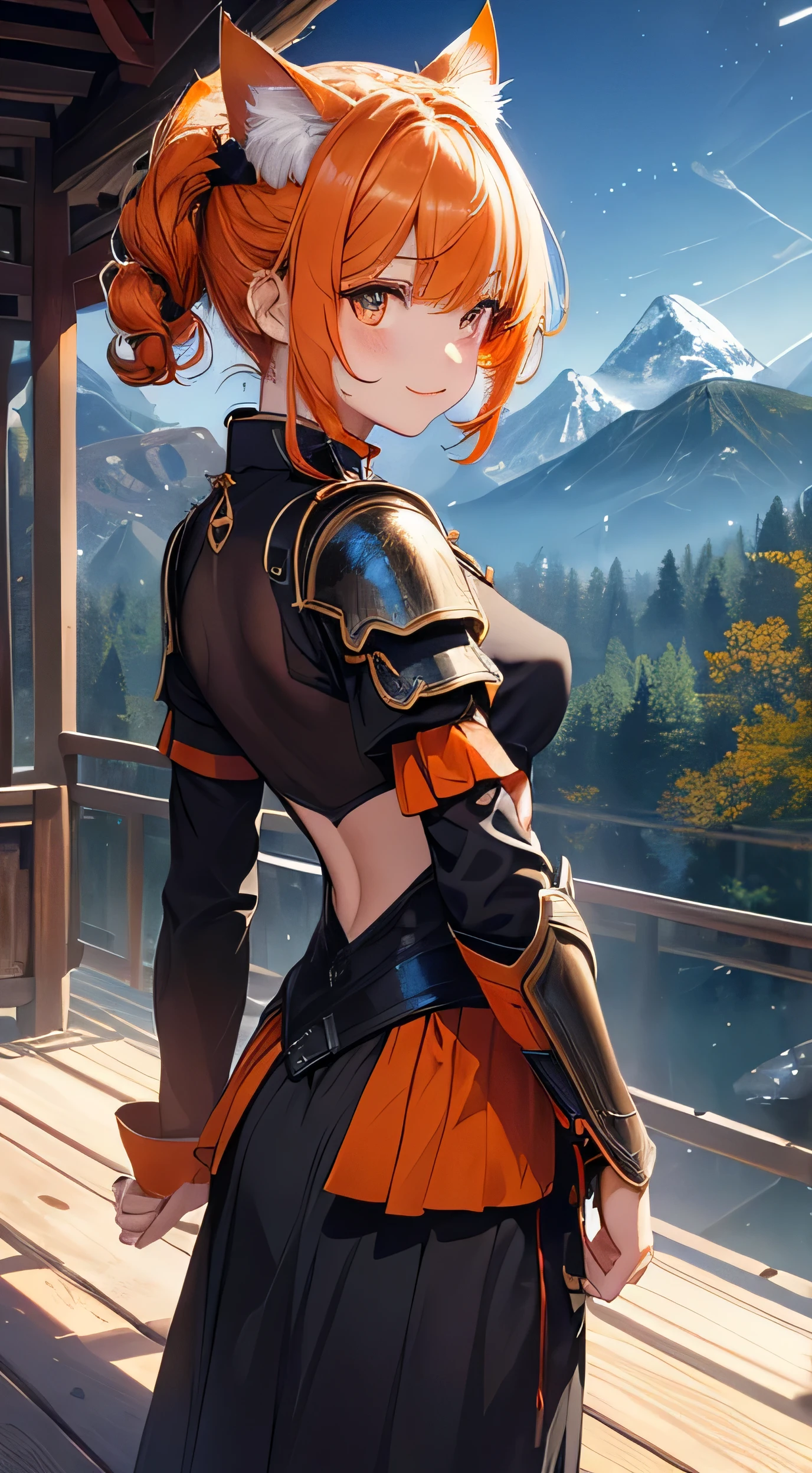 beautiful detail한 소녀, Clear and beautiful, radiant skin, girls, femele, young, 20yo, bobbed hair, short-hair, beautiful detail hair, (((Dark, Dark Night, deep night))) ((A mix of Chinese and Japanese iron armor, costume point color: orange, Innocent style without skin exposure)) beautiful detail, tiny boobs, Very good 8KCG wallpapers, very fine 8K CG wallpaper, watercolor (medium), female warrior, (((cat ear ))), (((Natural background, mountains, wood, cliff, rock formations))), ((plein air)), A slight smile, With a knife in your hand