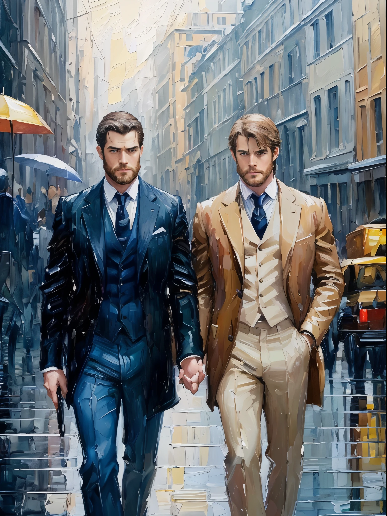 (Oil painting 1.2 Oil Painting Strokes 1.8) （Oil painting 1.2）（（model(Oil painting 1.2 Oil Painting Strokes 1.8) ！（（Anime young gay couple！Henry Cavill and Chris Hemsworth！Walking on city streets in the rain, model特參考））share an umbrella！Guweiz style artwork！（（affectionate（Don't look at the lens！）ambiguous relationshison, whole body from top to bottom！英俊的男a person, Elegant姿勢！Rendering advanced！Artis, Movie！ Muscular man with mustache！french art！年輕英俊的的男model！The light coming in from the window！Award-winning works！man hugging！Have a beard！30 years old and strong！There is a sense of story！Elegant！Hold your chin in your hand！Greg Rutkoski&#39;s Stylish Cinema Lighting！（carefully sculpted eyes））Oil painting style！！！
