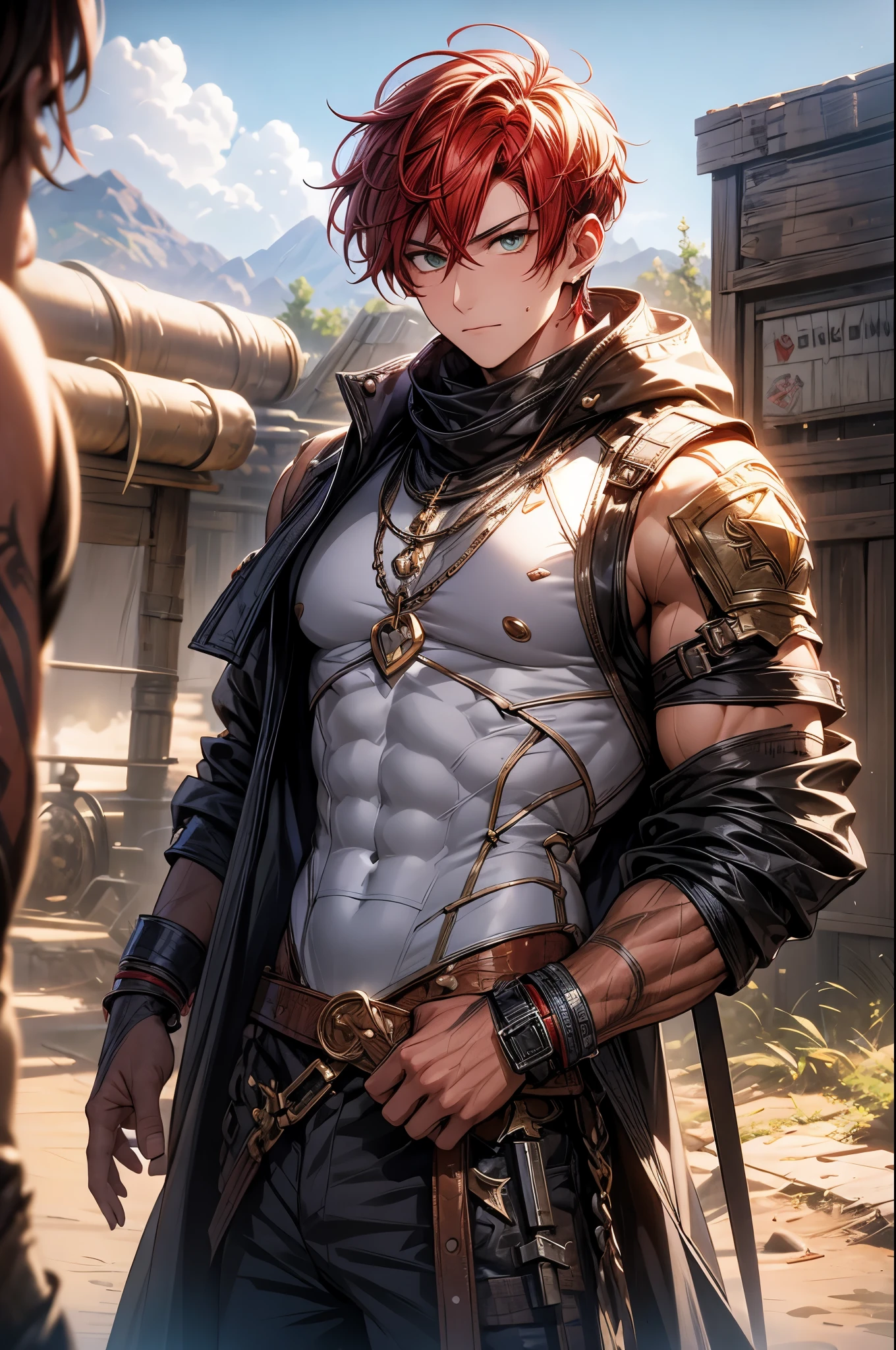 8K, Best Quality, Ultra High Resolution, (best quality, high quality), (short length red hair,), deep green eyes, 1guy, red hair, one ear piercing, toned, short spiked red hair, broad shoulders, muscular, solo, defined muscles, fit, teenage boy, fantasy, badass, villain, bandit, cocky attitude, bandit attire, tall stature, diablo, handsome, suave, bad boy, wearing a long necklace, rough outfit on, outside, out in the wastelands, in a wasteland, badlands, bandits land, barrens, wilderness, outback, marauder, manly