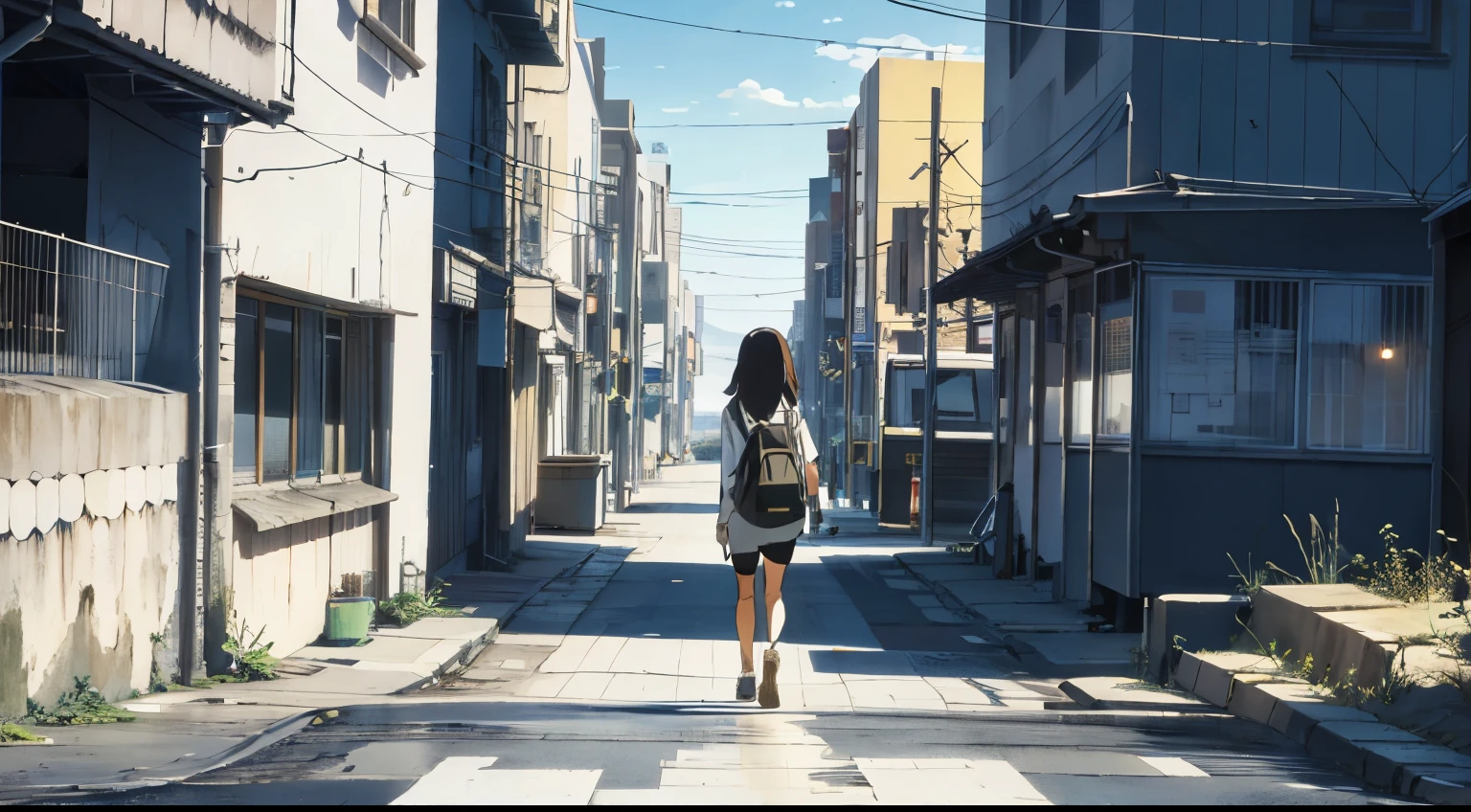 zoom out wide angle shot girl in distance side profile walking in front of buildings