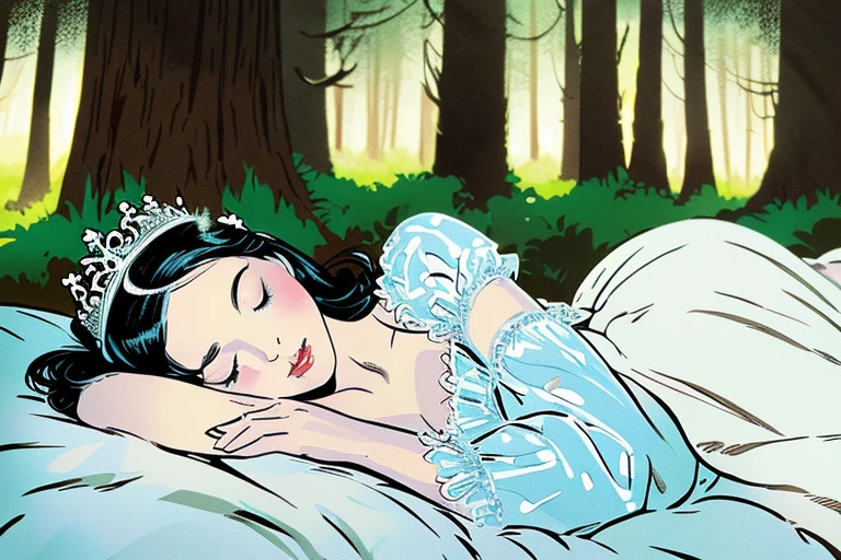 ink illustration, “Snow White”, Grimm Fairy Tales, sleeping beautiful princess, (((wearing night gown, tiara))), (((small bust, sleeping on bed in forest, 1 half-bitten apple))), (((american comic style, art by J. Scott Cambell)))