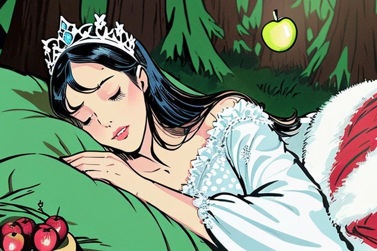 ink illustration, “Snow White”, Grimm Fairy Tales, sleeping beautiful princess, (((wearing night gown, tiara))), (((small bust, sleeping on bed in forest, 1 half-bitten apple))), (((american comic style, art by J. Scott Cambell)))