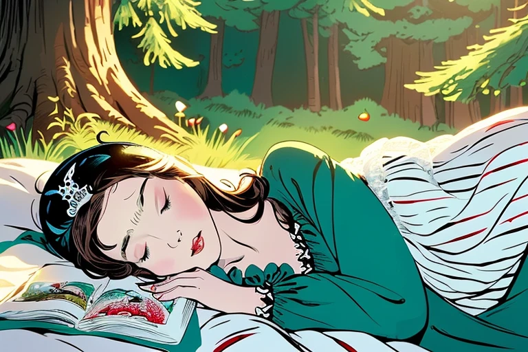 ink illustration, “Snow White”, Grimm Fairy Tales, sleeping beautiful princess, (((wearing night gown, tiara))), (((small bust, sleeping on bed in forest, 1 half-bitten apple))), (((american comic style, art by J. Scott Cambell)))