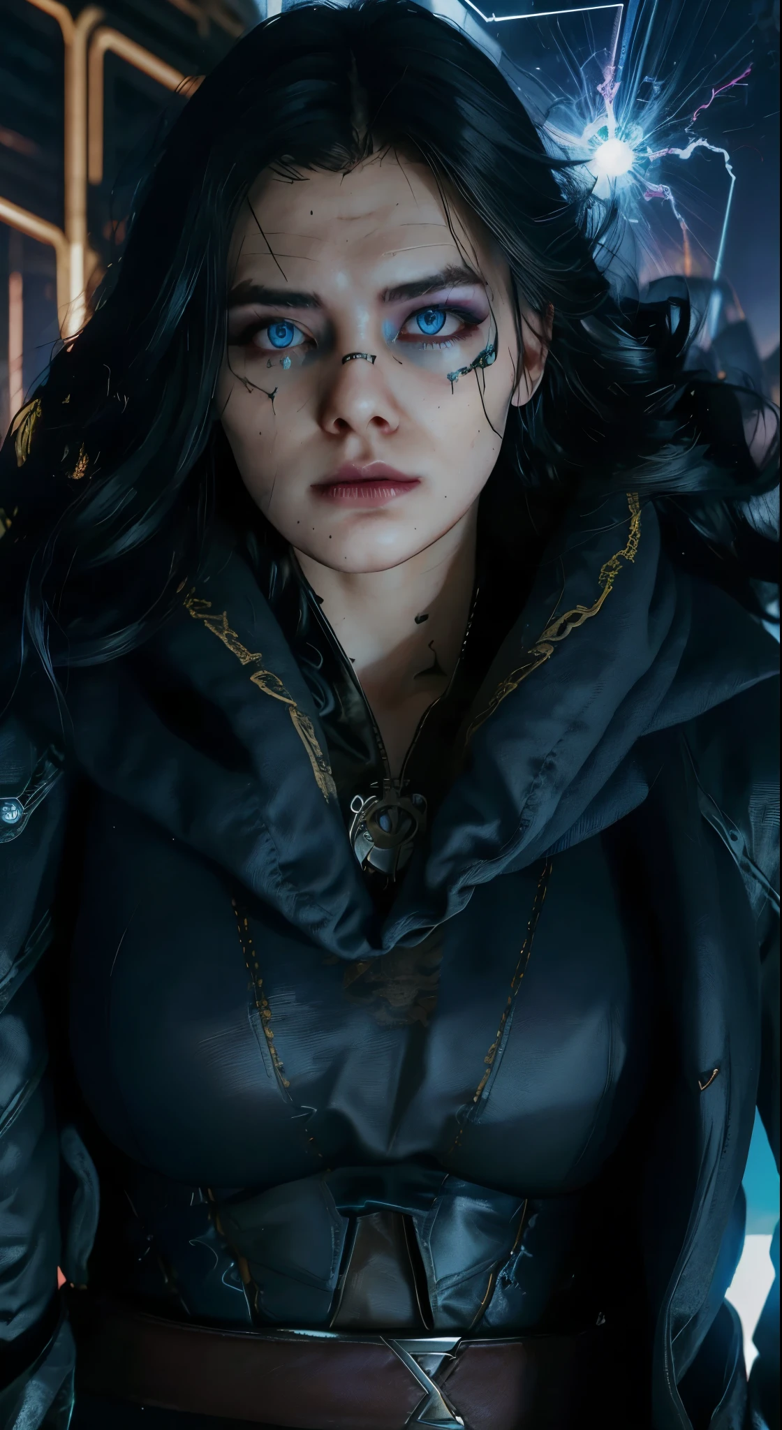 (best quality, highres, vivid colors), (cyberpunk:1.2), (portrait:1.1), (futuristic:0.9), (long dark hair), (intense gaze), (smoky eye makeup), (piercing blue eyes),((massive perfect breast)),((dark atmosphere)),(metallic armor), (high-tech accessories:1.1), (glowing tattoos), (cityscape background), (neon lights), (dystopian atmosphere), (mysterious aura), (strong and confident posture), (magical powers), (dark and edgy), (fierce expression), (determination in her eyes), (powerful spellcasting), (electricity sparks), (enhanced cybernetic enhancements:1.2), (stylized weaponry), (futuristic fashion), (striking visual effects), (raindrops falling), (rebellious spirit), (sharp and detailed features), (steampunk elements), (cinematic composition), (dominant presence), (dynamic and energetic), (captivating beauty), (dark and alluring).