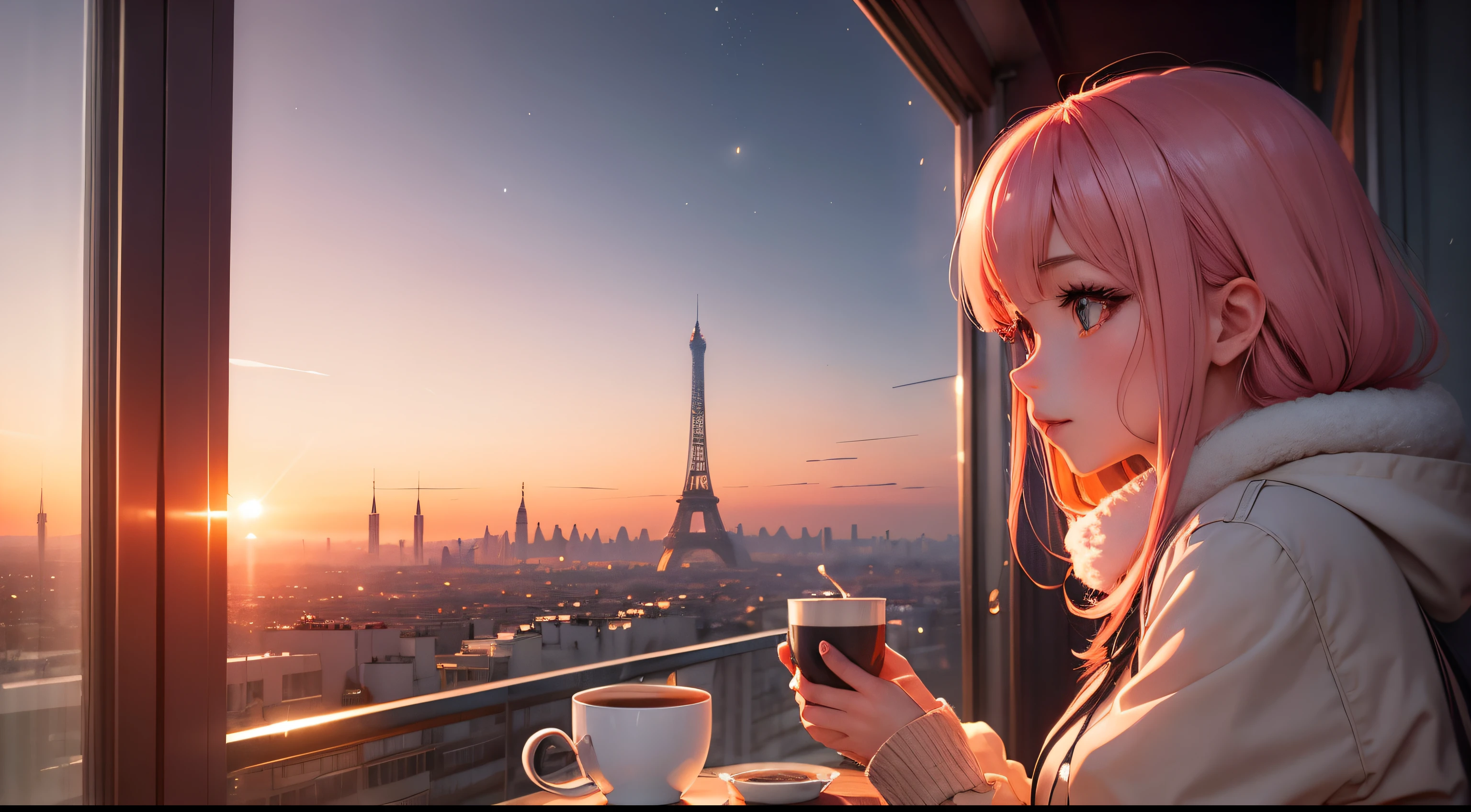 Dreamy Dusk Delight": Anime girl near the winter Paris Efle tower and a cup of coffee in a dreamy dusk landscape with warm pinks and oranges.