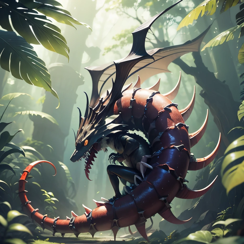 The 5-meter creature seen from the side from head to tail has a body divided into segments. Cada segmento possui uma armadura resistente, Em vez de garras, has elongated and flexible clamps,  The tail is long, ending in a poisonous sting.  The jaws are highly articulated and can open at a surprising angle, revelando fileiras de dentes afiados. Possui garras adesivas nas extremidades das patas, allowing the creature to climb vertical surfaces with ease.  Sensory antennae extend from the top of the head . --auto --s2