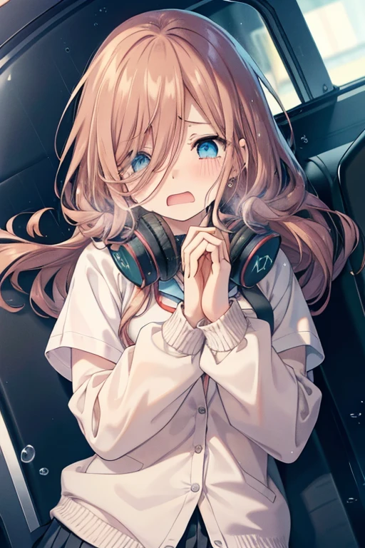 Miku Nakano, Miku Nakano chicke iii, Long hair，Bangs, Blue eyes, Brown hair, hair between eye, Asahi High School，Long-sleeved Y-shirt，Blue Cardigan，Green pleated skirt，Black tights，loafer headphones, headphones around neck,rainfall、water dripping、wetting hair , Wet clothes,tears streaming down her face,Sad and crying、Crying a lot、Crying a lot, Closing both eyes, Screaming, Great anger, low angles, Crying, Look up,  片手を前に出す
BREAK looking at viewer, (Cowboy Shot:1.5), (Upper body:1.5),
BREAK (masutepiece:1.2), Best Quality, High resolution, Unity 8k壁纸, (Illustration:0.8), (Beautiful detailed eyes:1.6), extra detailed face, Perfect Lighting, extremely details CG, (Perfect hands, Perfect Anatomy),