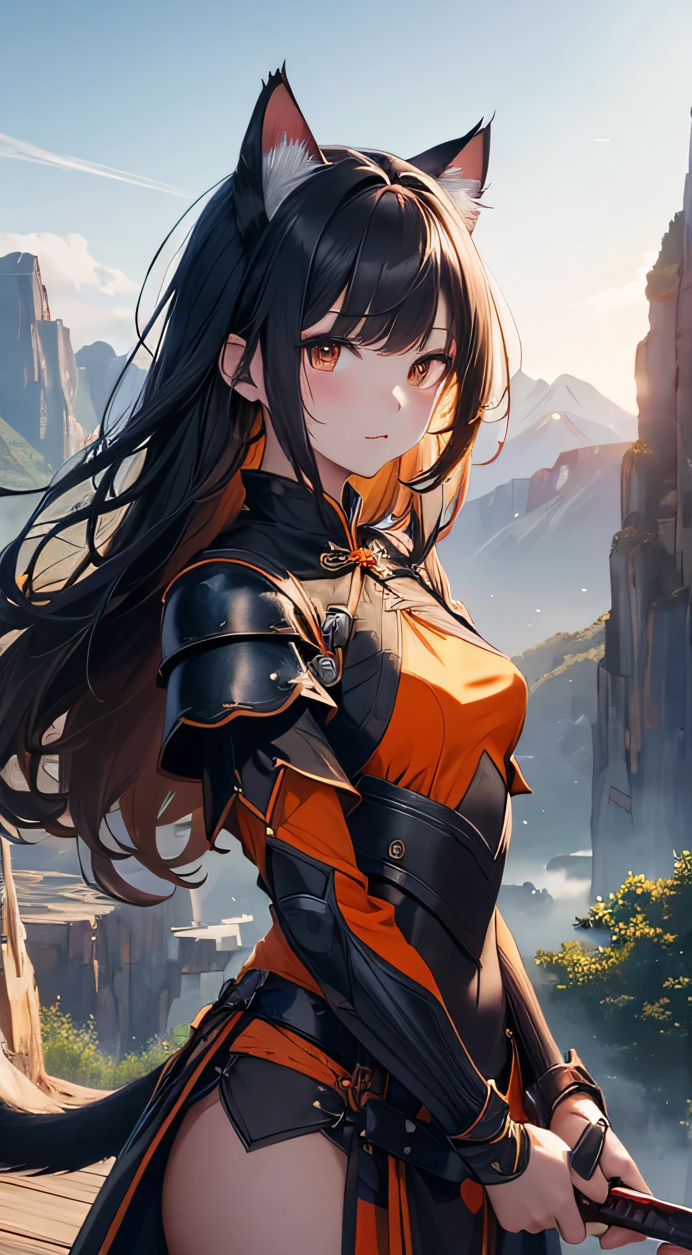 (最high quality, High resolution, Textured skin, high quality, Attention to detail, Highly detailed CG unification), (male),One person,Wearing Japanese-style armor,Japan sword swinging down,Black Hair,ponytail,Are standing,inflammation,battlefield,male