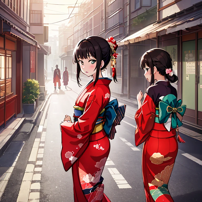 {Best Quality}, {very aesthetic}, {Ultra-detailed}, {Best Illustration}, japanese kimono, red kimono, In the street, A dark-haired