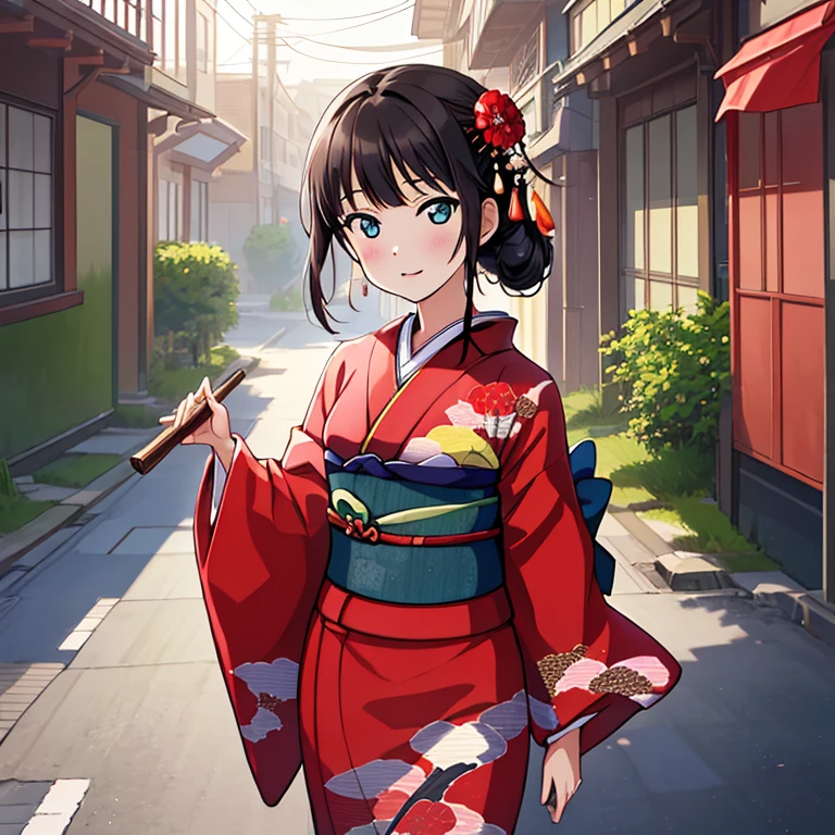 {Best Quality}, {very aesthetic}, {Ultra-detailed}, {Best Illustration}, japanese kimono, red kimono, In the street, A dark-haired
