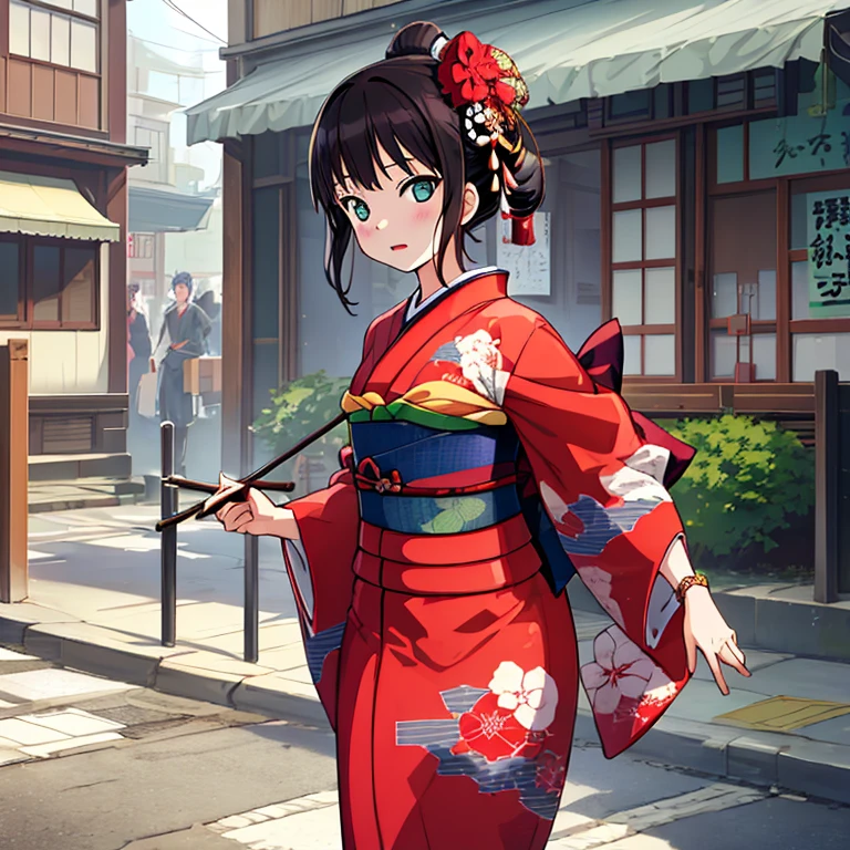 {Best Quality}, {very aesthetic}, {Ultra-detailed}, {Best Illustration}, japanese kimono, red kimono, In the street, A dark-haired