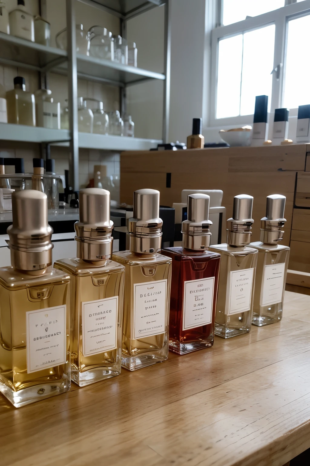 A horizontal image of the laboratory of an expert and perfume designer