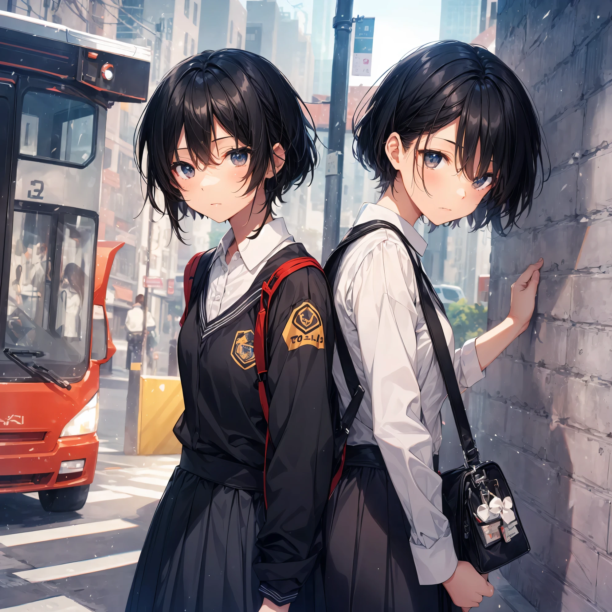 Super high quality by the art god, Ultra-detailed, High resolution, Shinkai Makoto style, anime moe art style, best anime 8K konachan wallpaper, Pixiv Contest Winner, Perfect Anatomy, BREAK,(Please draw a sleepy girl going to school alone.. ),BREAK, a hyperrealistic schoolgirl, (Solo,Lori,child,13years:1.3),Full limbs, complete fingers,a junior high school student, Androgynous attraction, (extra very short hair), hair messy, flat and soft chest, Small butt, groin, Small eyes,Beautiful detailed black eyes, Well-proportioned iris and pupils, disgusted eye, High resolution detailed hair, School uniform, Skirt, On the way to school. BREAK,Ultra-detailed細なスキン, Best lighting by famous artists, 8K, Illustration,