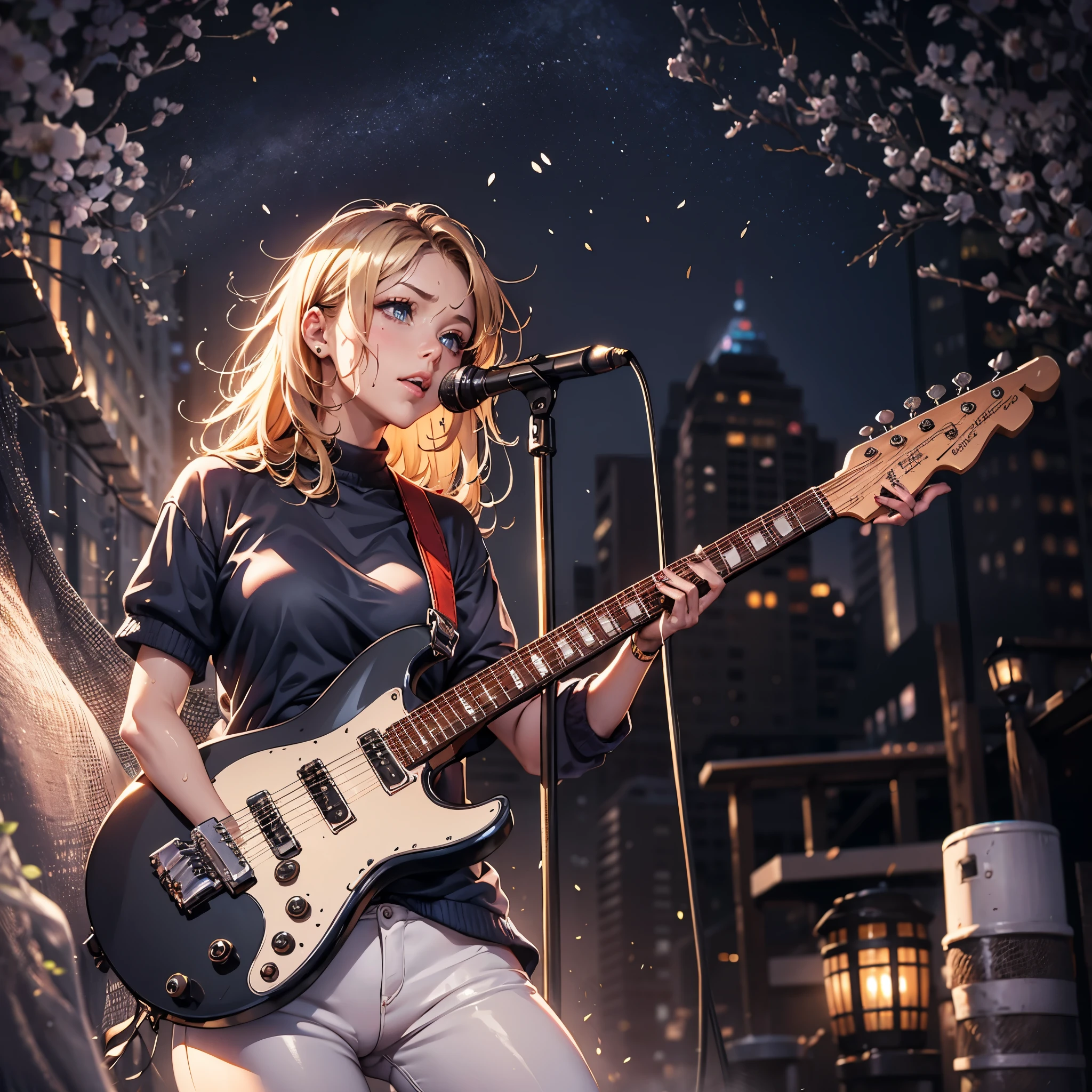 (masutepiece), A sexy、Natural light, Photorealistic, Cameltoe, diffuse glow, depth of fields, profetional lighting、big eye、the eyes are blue、a blond、Russian、Rock、Hair is unkempt、Splattering sweat、Packed audience in the background、Black trainers、White pants、guitar、Stand Microphone、Both eyes are closed、