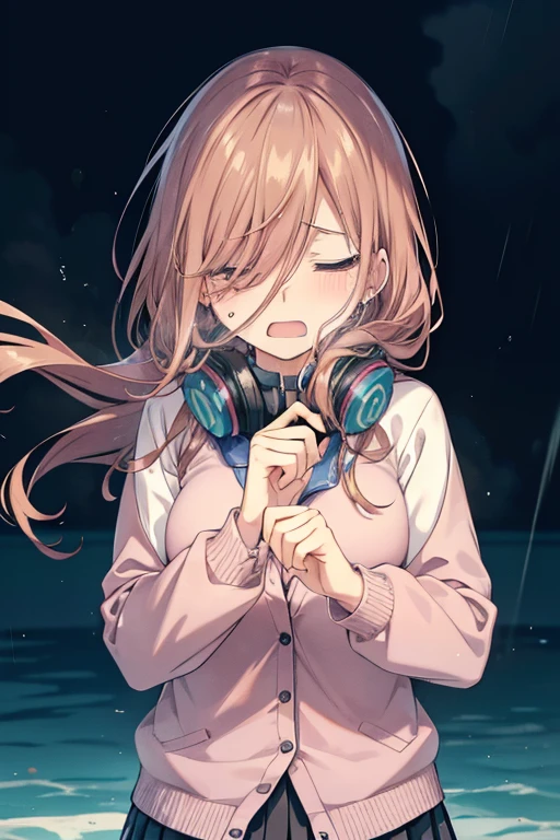 Miku Nakano, Miku Nakano chicke iii, Long hair，Bangs, Blue eyes, Brown hair, hair between eye, Asahi High School，Long-sleeved Y-shirt，Blue Cardigan，Green pleated skirt，Black tights，loafer headphones, headphones around neck,rainfall、water dripping、wetting hair , Wet clothes,tears streaming down her face,Sad and crying、Crying a lot、Crying a lot, Closing both eyes, Screaming, Great anger, low angles, Crying, Look up,  片手を前に出す
BREAK looking at viewer, (Cowboy Shot:1.5), (Upper body:1.5),
BREAK (masutepiece:1.2), Best Quality, High resolution, Unity 8k壁纸, (Illustration:0.8), extra detailed face, Perfect Lighting, extremely details CG, (Perfect hands, Perfect Anatomy),