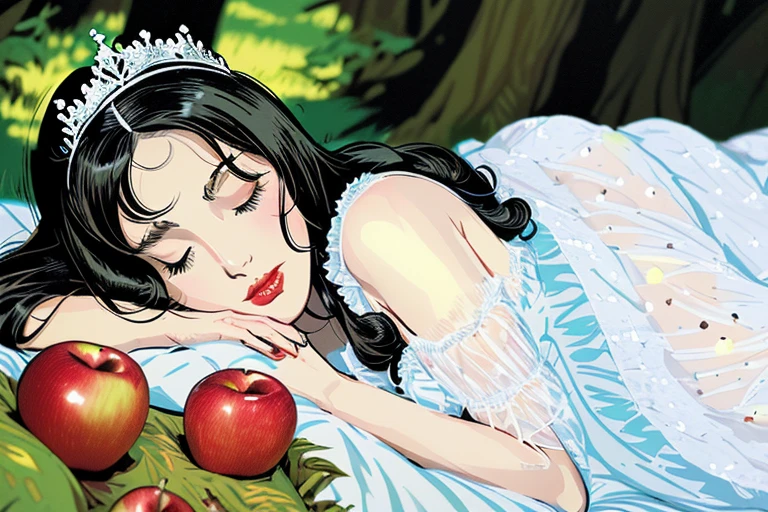 ink illustration, “Snow White”, Grimm Fairy Tales, sleeping beautiful princess, (((wearing night gown, tiara))), (((small bust, sleeping on bed in forest))), (((beside 1 half-bitten apple))), (((american comic style, art by J. Scott Cambell)))