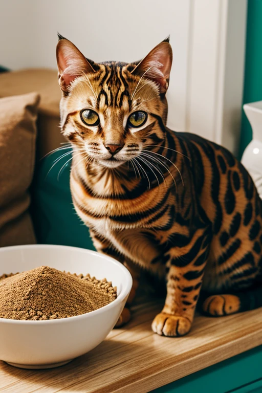 contented Bengal cat next to a bowl full of dry pet food