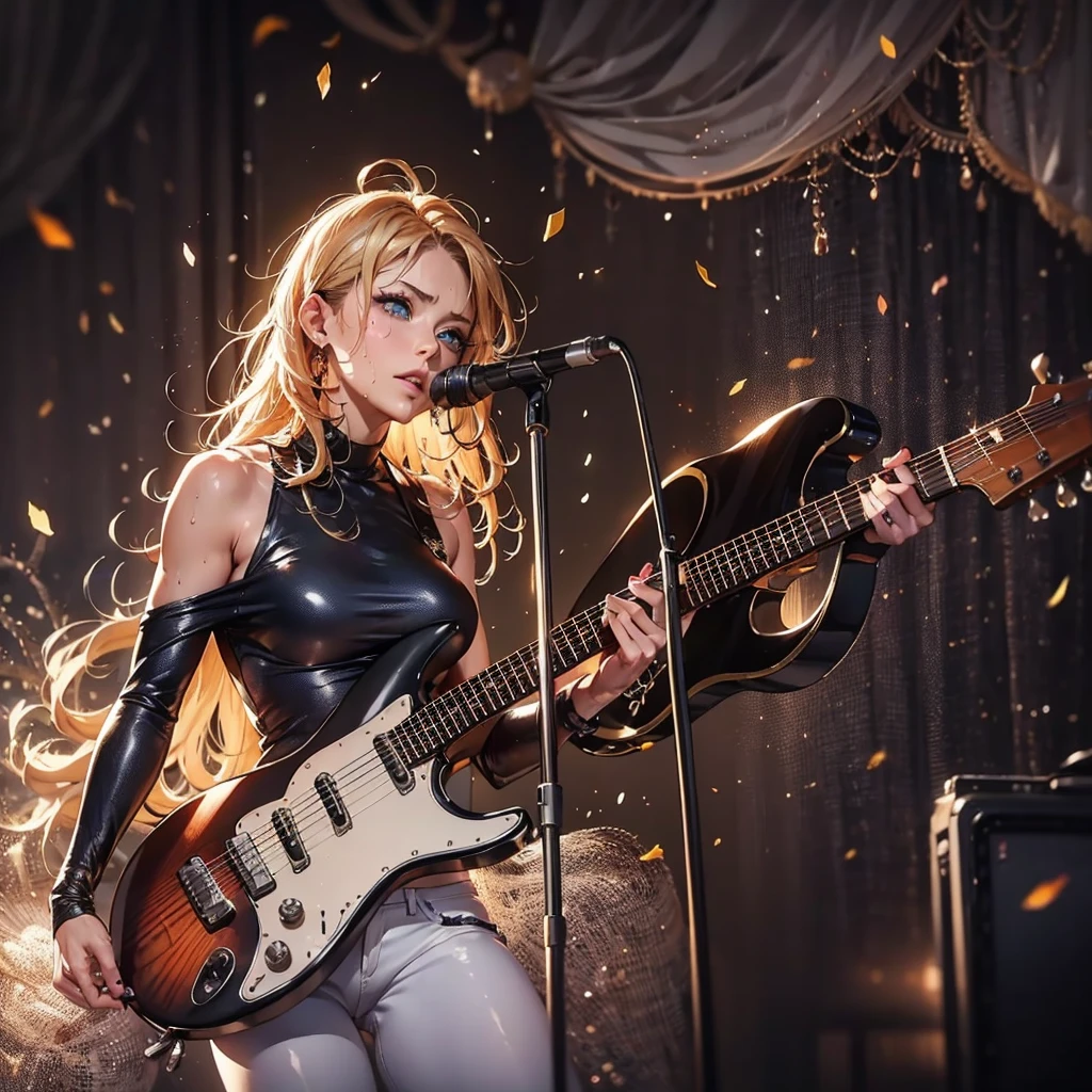 (masutepiece), A sexy、Natural light, Photorealistic, Cameltoe, diffuse glow, depth of fields, profetional lighting、big eye、the eyes are blue、a blond、Russian、Rock、Hair is unkempt、Splattering sweat、Packed audience in the background、Black trainers、White pants、guitar、Stand Microphone、Both eyes are closed、Hands on chest、