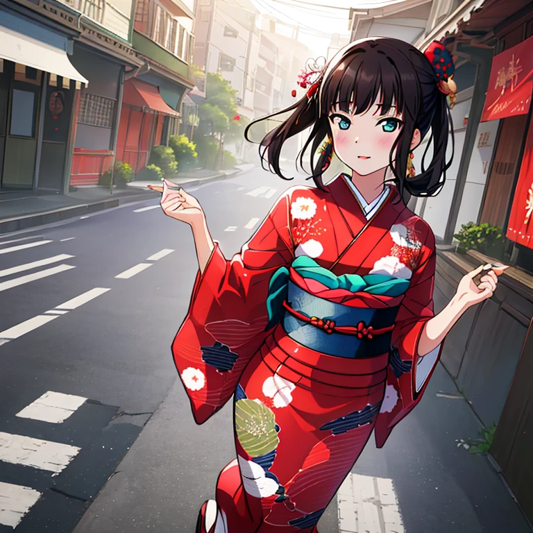 {Best Quality}, {very aesthetic}, {Ultra-detailed}, {Best Illustration}, japanese kimono, red kimono, In the street, A dark-haired