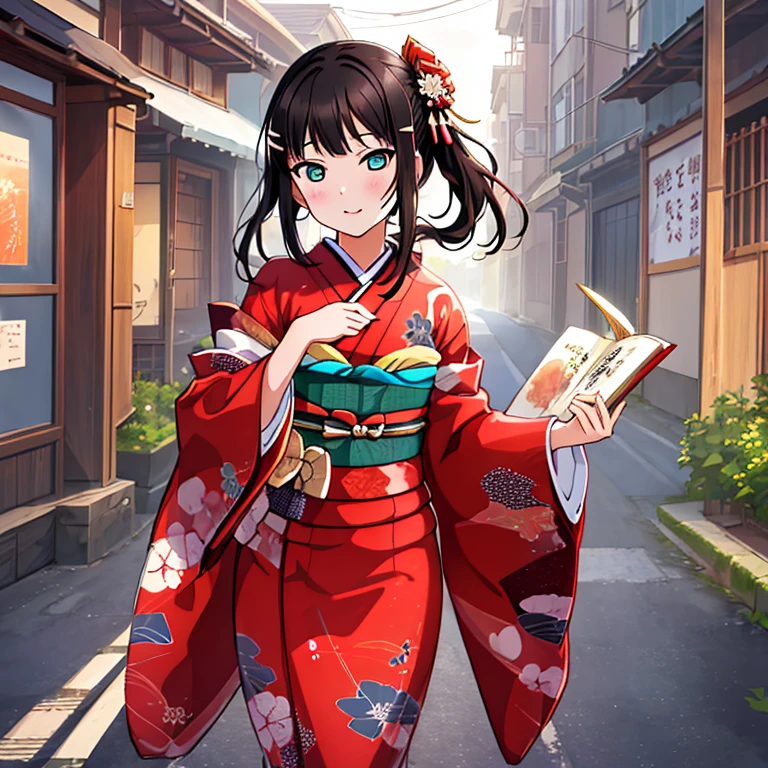 {Best Quality}, {very aesthetic}, {Ultra-detailed}, {Best Illustration}, japanese kimono, red kimono, In the street, A dark-haired