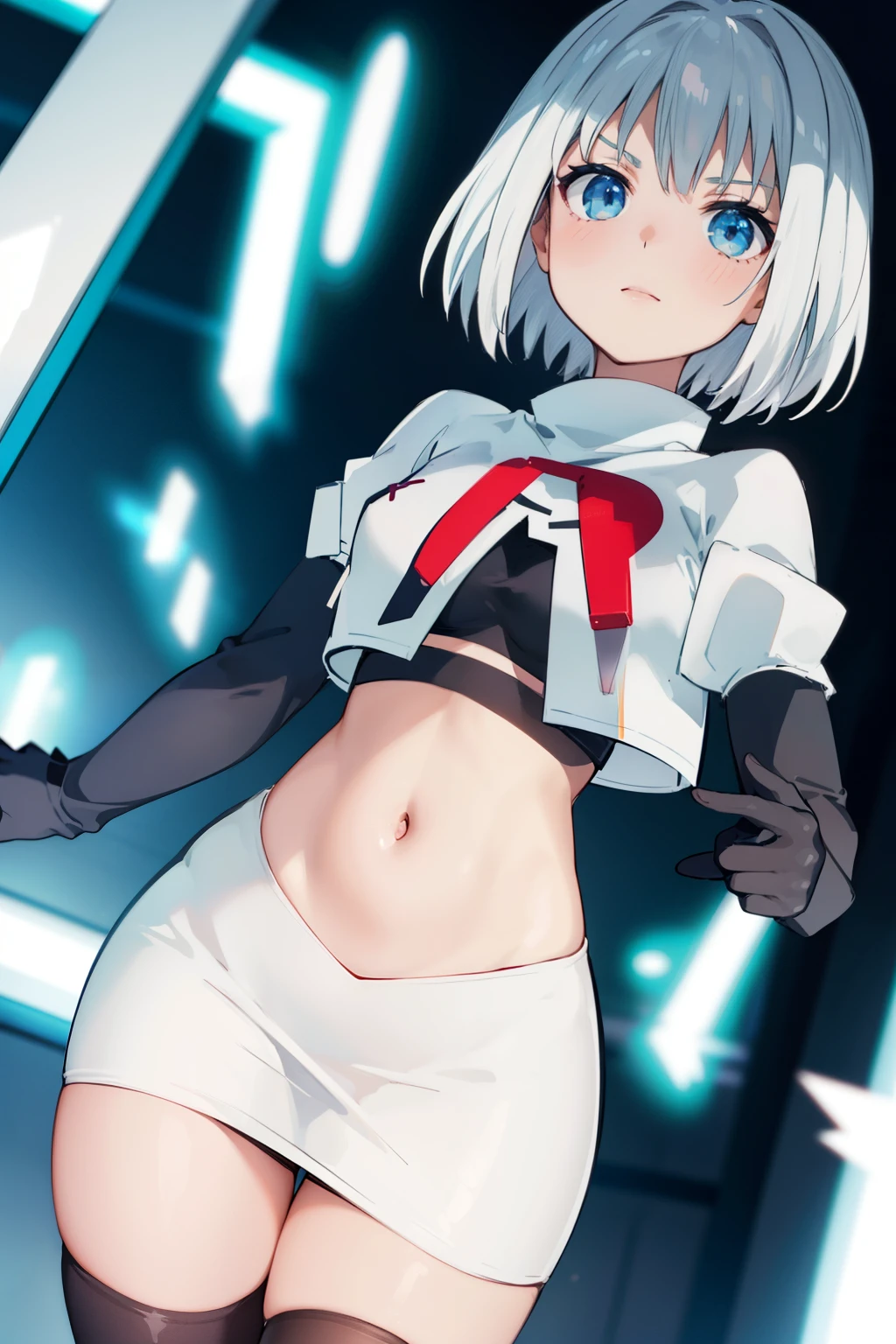 young diselpunk girl, , in a short white skirt, sleeveless white top, belly-bare, black collar, (platinum blonde hair:1), ((blue eyes)), flat stomach, small breasts, cute, (Kpop idol), looking at the viewer, full body centered in the middle of the picture, looking forward, petite-elegant pose, dieselpunk style, art by Alexey Lipatov and Stefan Prohaczka