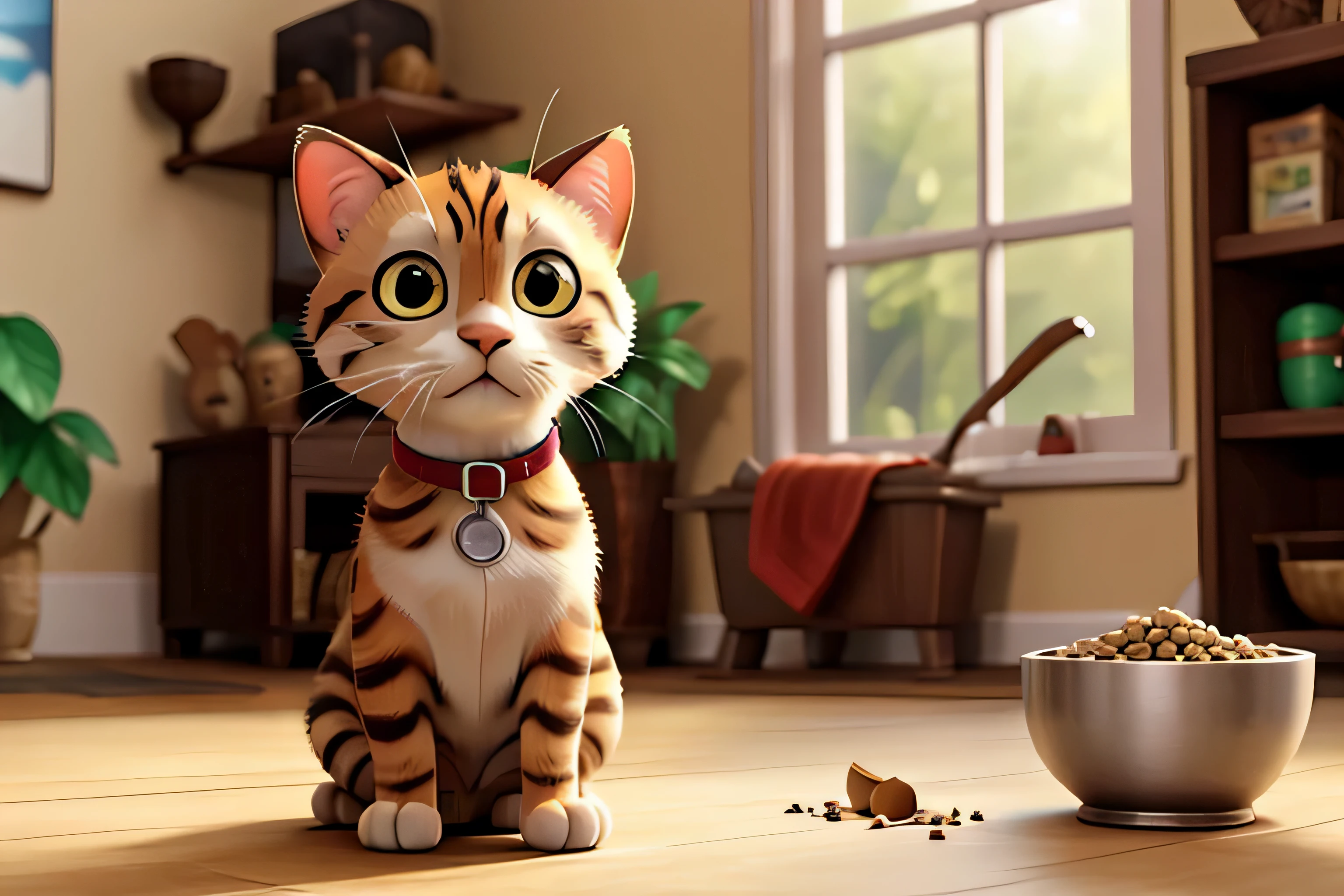 happy Bengal cat next to a bowl full of dry food