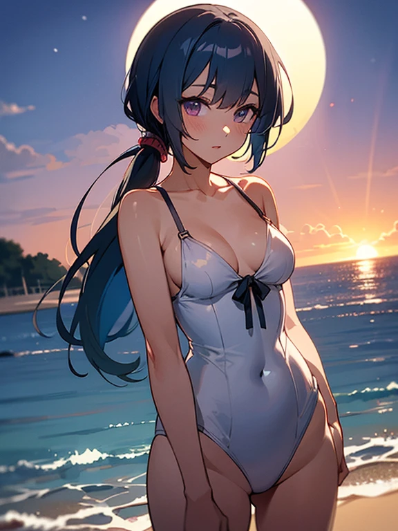 anime girl with light blue hair, Hair in a delicate blue tone, long hair, purple eyes, pony tail hair, revealing swim dress, medium breats, mature factions, very aesthetic detail anime background japanese beach sunset