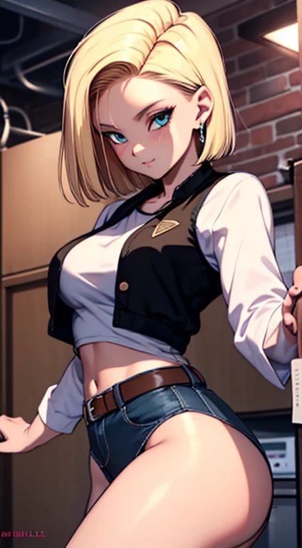 best quality, highres, and18, 1girl, android 18, solo, blond hairbl, blueneyes, short detailed hair, 耳Nipple Ring, ,nipple bump， Beds, pyjamas, (thong:1.2), bralette, ssee-through,，Pubic hair shows through