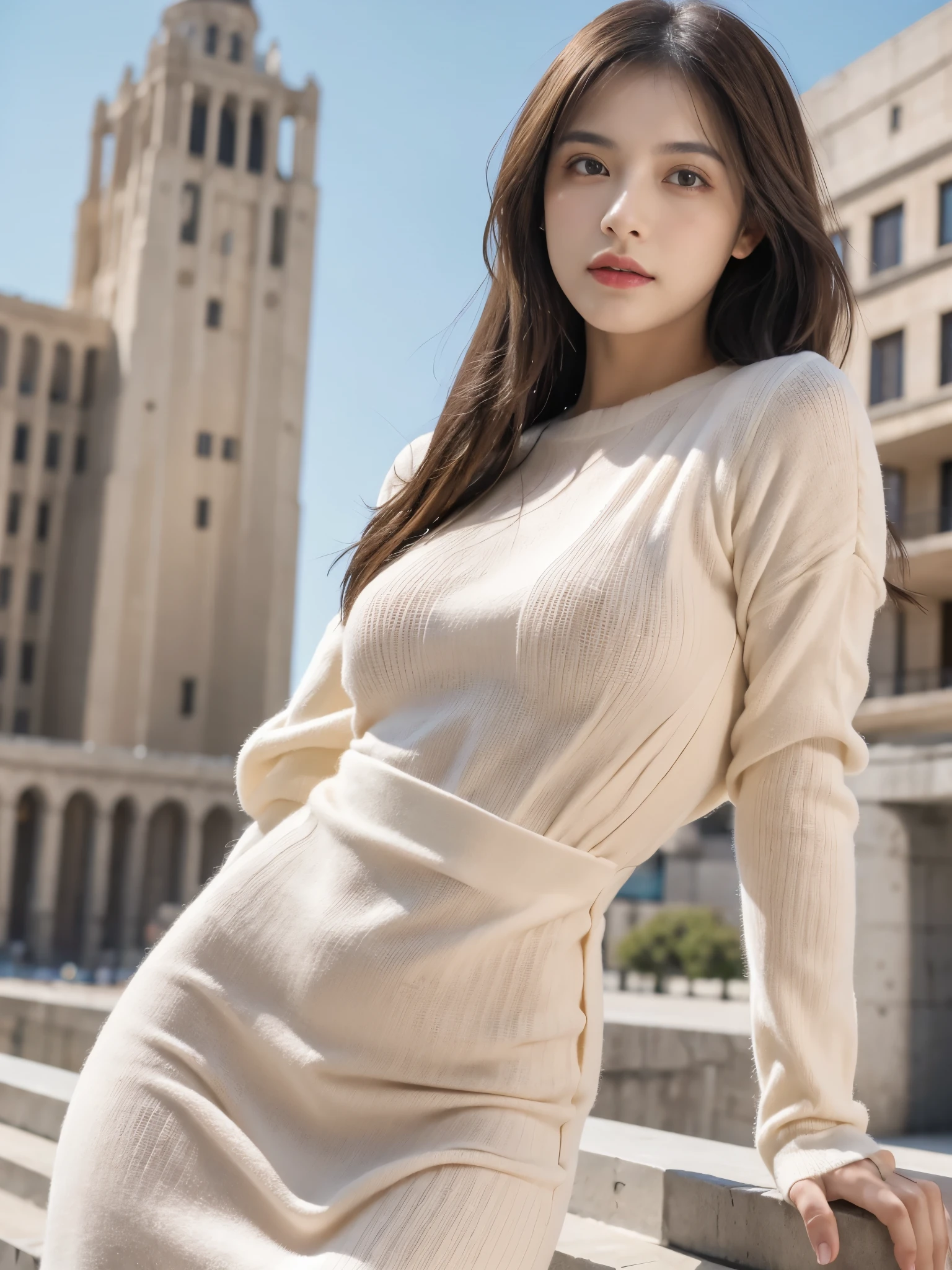 Obra maestra, La mejor calidad, ultra-high resolution, Foto de alto detalle, Unidad 8K Fondo de pantalla, CG extremadamente detallado:1.2),(Foto RAW:1.realistic photography:1.4), 1girll , joven, physically based representation, beautiful, (Cara finamente detallada:1.4, Ropa detallada), (Detallado:1.4) Cara hermosa, Profundidad de campo, Agregar capa, hiperrealista, 27 years old, Modelo de cuerpo perfecto, senos perfectos, 175cm de altura, pose sexy, cuerpo completo, Tipo de cuerpo del modelo, Long-Sleeve Ribbed Knit Midi Sheath Dress, Cabello largo, (Eimi Fukada), doble parpado, depth of field, bokeh,