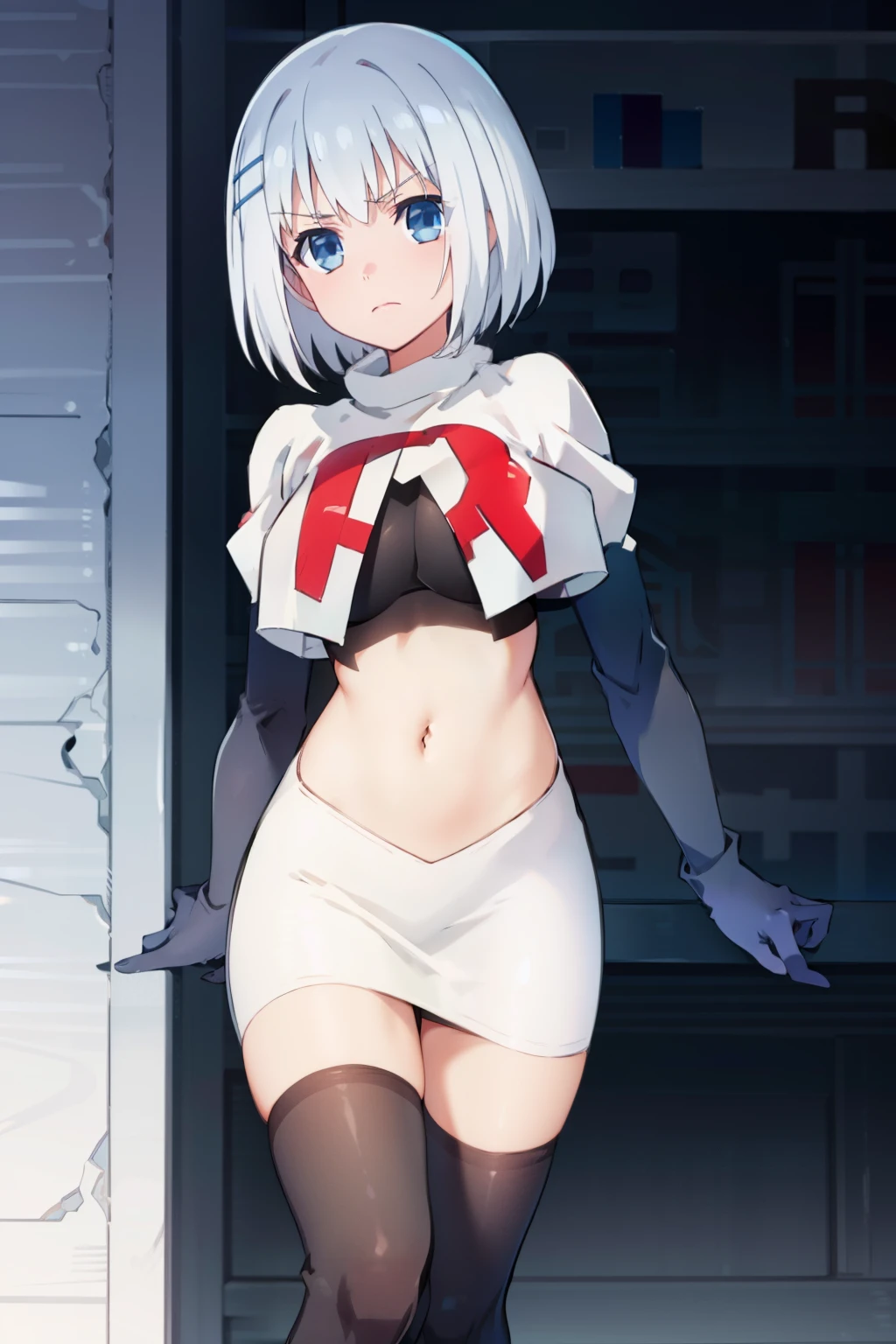 (((pixel-perfect, detail-perfect))), solo, 1girl,  origami tobiichi, team rocket,team rocket uniform,white skirt,red letter R,crop top,black thigh-highs,black elbow gloves