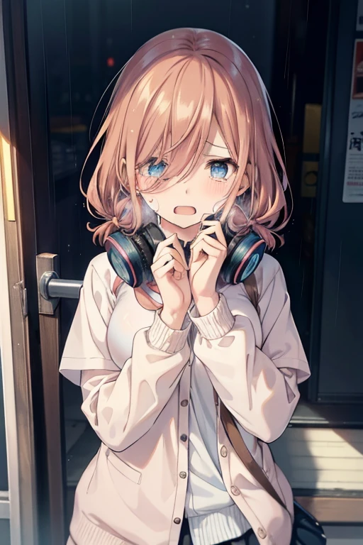 Miku Nakano, Miku Nakano chicke iii, Long hair,Bangs, Blue eyes, Brown hair, hair between eye, Asahi High School,Long-sleeved Y-shirt,Blue Cardigan,Green pleated skirt,Black tights,loafer headphones, headphones around neck,In the street,rainfall、water dripping、wetting hair , Wet clothes,tears streaming down her face,Sad and crying、Crying a lot、Crying a lot, Closing both eyes, Screaming, Great anger, low angles, Crying, Look up, Put one hand forward,へ垂れ込んでる
BREAK looking at viewer, (Cowboy Shot:1.5), (Upper body:1.5),
BREAK (masutepiece:1.2), Best Quality, High resolution, Unity 8k壁纸, (Illustration:0.8), extra detailed face, Perfect Lighting, extremely details CG, (Perfect hands, Perfect Anatomy),