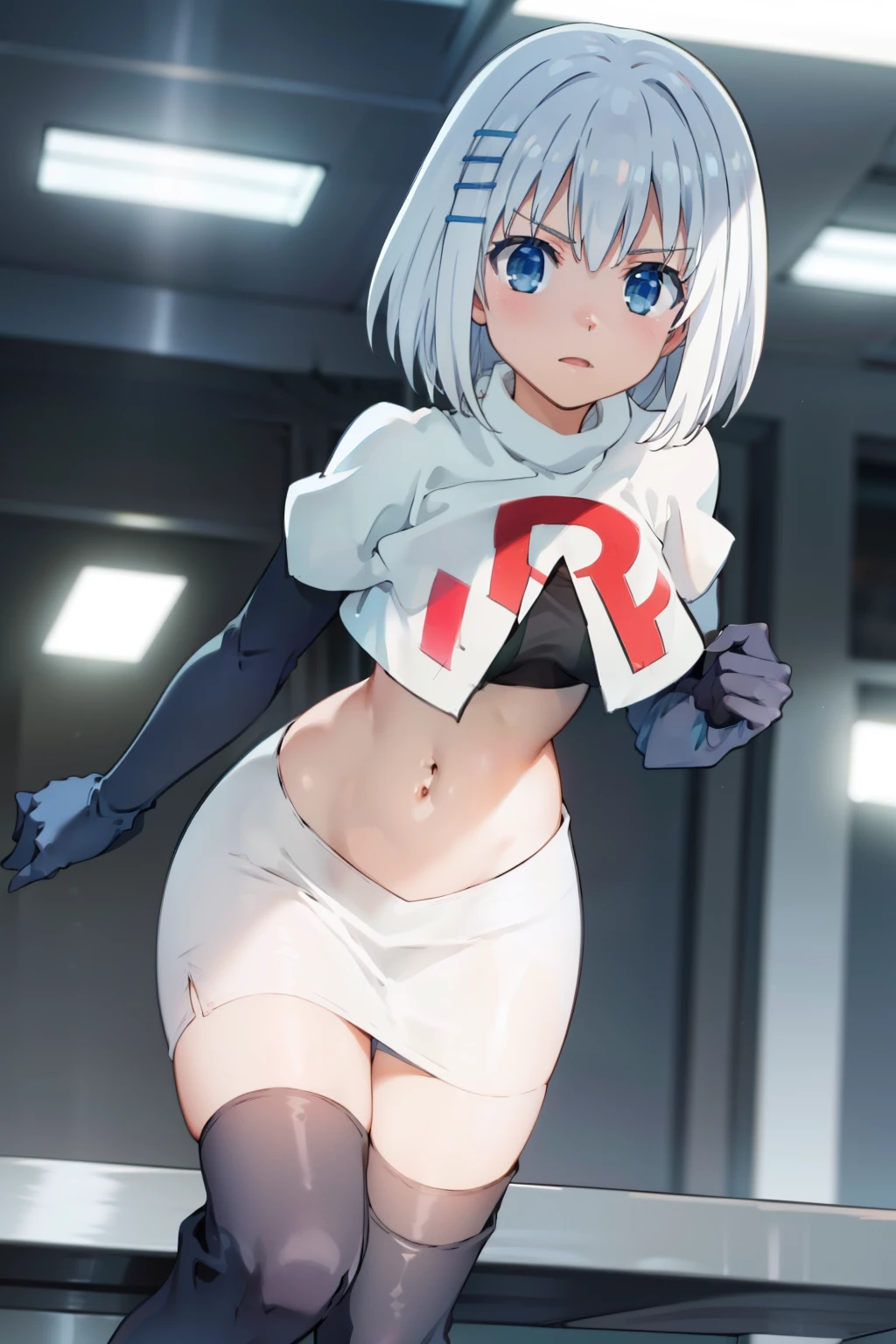 (((pixel-perfect, detail-perfect))), solo, 1girl,  origami tobiichi, team rocket,team rocket uniform,white skirt,red letter R,crop top,black thigh-highs,black elbow gloves