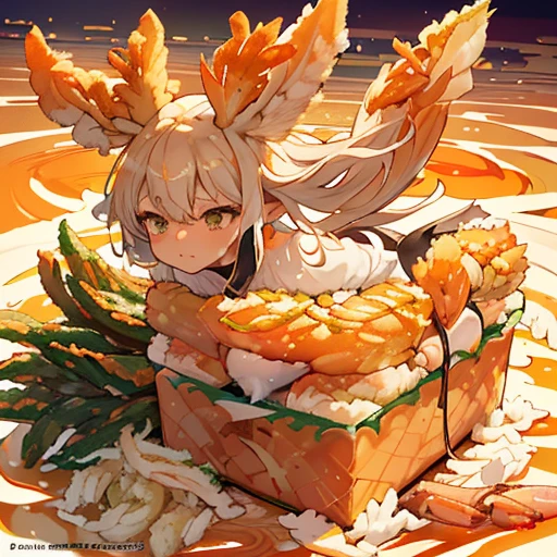 A pig monja girl who serves large seaweed flies.、Amazing dynamism、Amazing Angle、A sandstorm with overwhelming buoyancy、((((enclose it in a square&#39;seafood))))((((A lot of shrimp tempura strips floating and chasing each other..))))