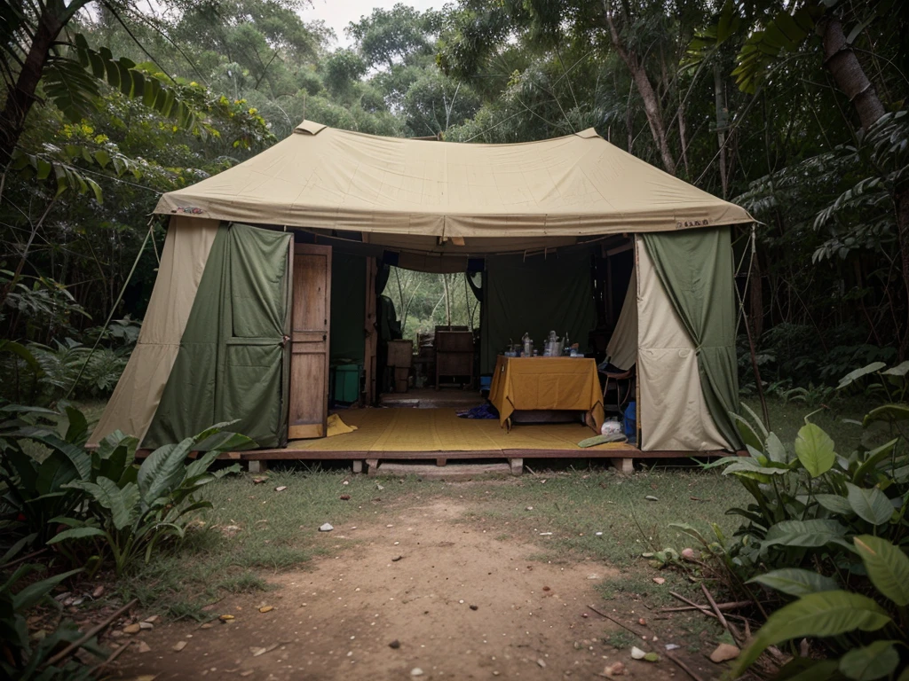 war against vietnam，Guangmao Jungle，Small medical rescue tent，historic photograph，RAW photogr，4K，Yellowed photo，There are no characters
