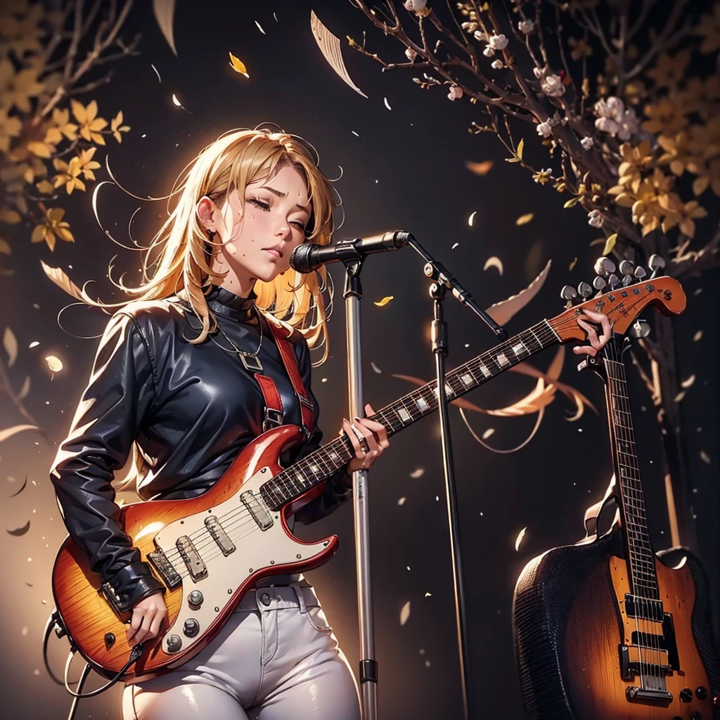 (masutepiece), A sexy、Natural light, Photorealistic, Cameltoe, diffuse glow, depth of fields, profetional lighting、big eye、the eyes are blue、a blond、Russian、Rock、Hair is unkempt、Splattering sweat、Packed audience in the background、Black trainers、White pants、carrying a guitar over his shoulder、Stand Microphone、Both eyes are closed、Hands on chest、Sad look、