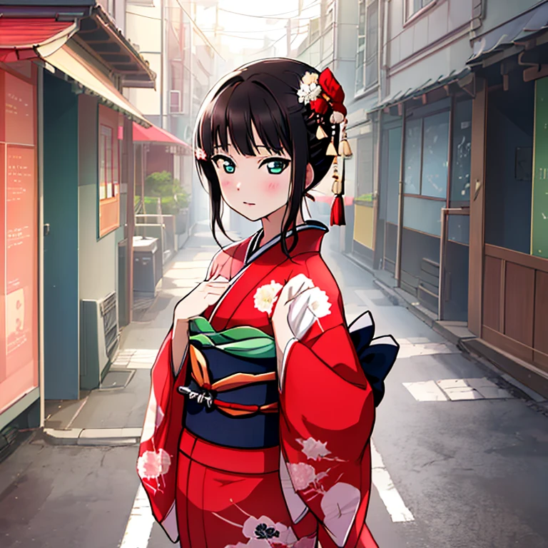 {Best Quality}, {very aesthetic}, {Ultra-detailed}, {Best Illustration}, japanese kimono, red kimono, In the street, A dark-haired