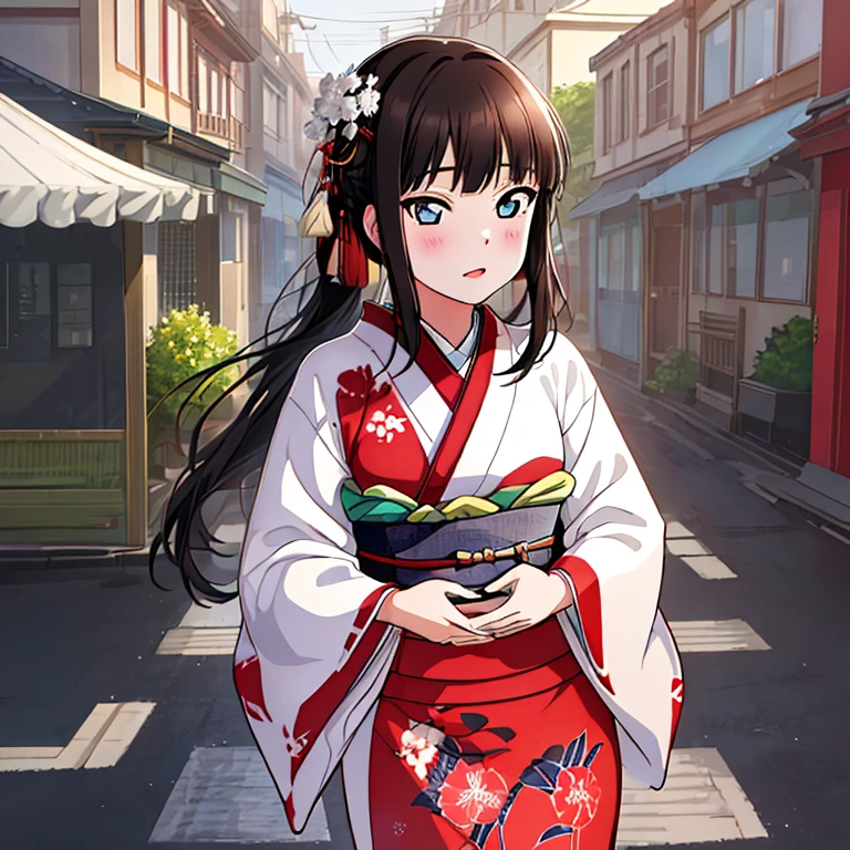 {Best Quality}, {very aesthetic}, {Ultra-detailed}, {Best Illustration}, japanese kimono, red kimono, In the street, A dark-haired