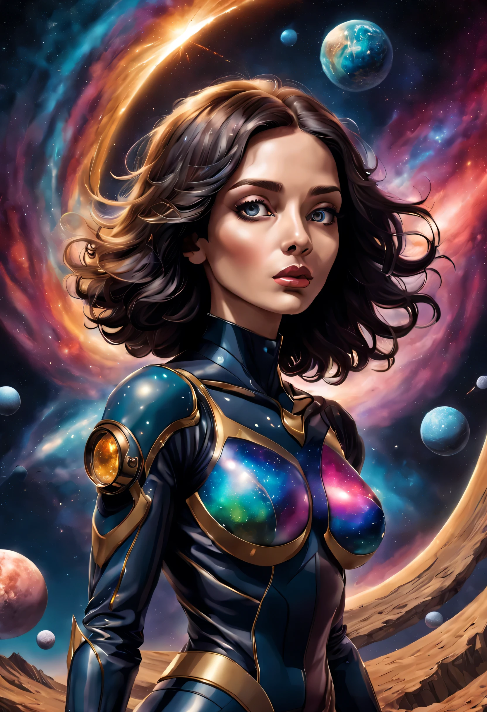 A vivid portrait unfolds in the poster-style cosmos., donde xdsl infunde vida a una mujer, Cada detalle es un testimonio de la calidad de su existencia en este reino surrealista.. ,sentado,vector art illustration,aw0k collage