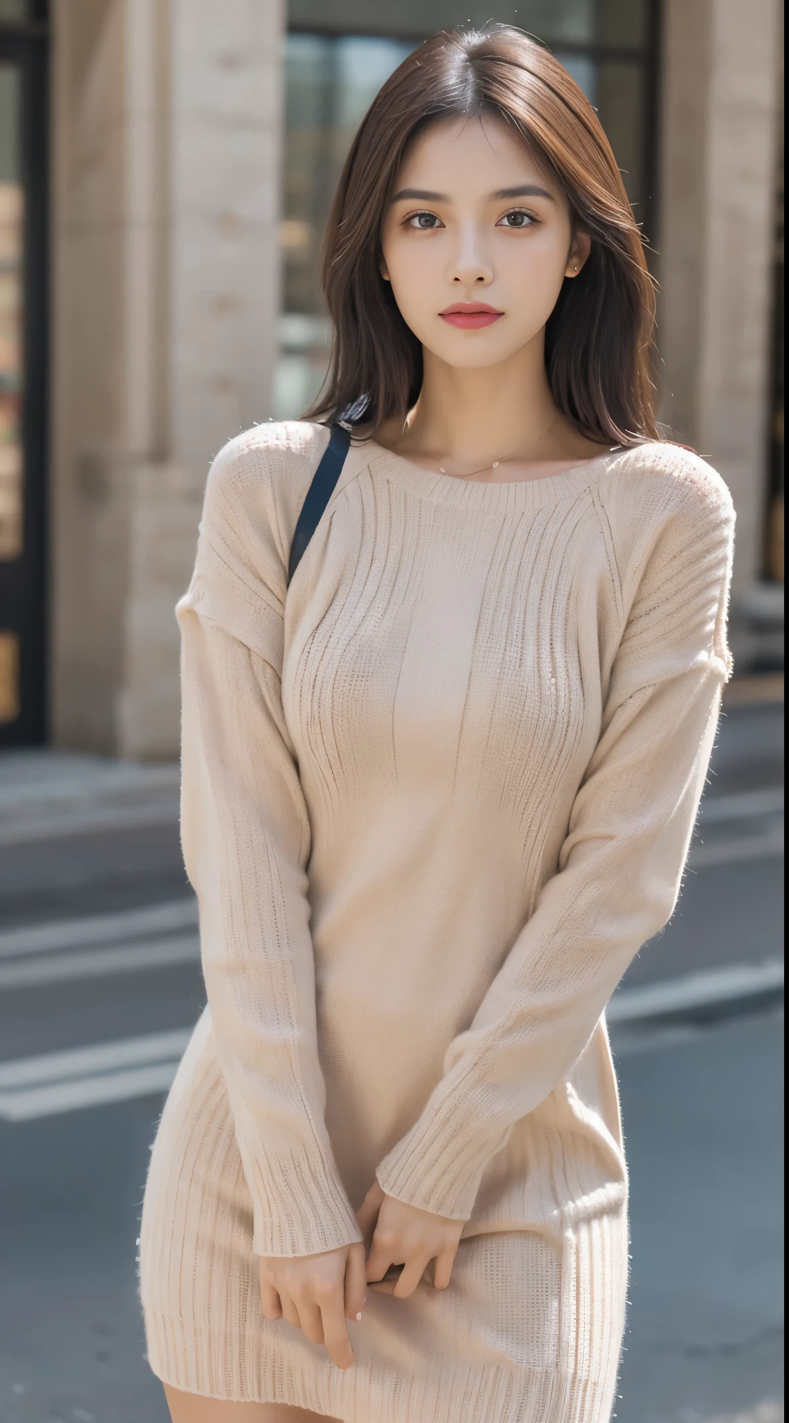 Obra maestra, La mejor calidad, ultra-high resolution, Foto de alto detalle, Unidad 8K Fondo de pantalla, CG extremadamente detallado:1.2),(Foto RAW:1.realistic photography:1.4), 1girll , joven, physically based representation, beautiful, (Cara finamente detallada:1.4, Ropa detallada), (Detallado:1.4) Cara hermosa, Profundidad de campo, Agregar capa, hiperrealista, 27 years old, Modelo de cuerpo perfecto, senos perfectos, 175cm de altura, pose sexy, cuerpo completo, Tipo de cuerpo del modelo, Long-Sleeve Ribbed Knit Midi Sheath Dress, Cabello largo, (Eimi Fukada), doble parpado, depth of field, bokeh