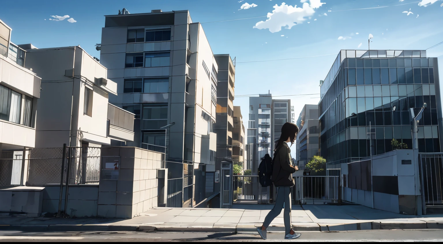 zoom out wide angle shot side profile of girl in distance side profile walking in front of buildings side profile of girl