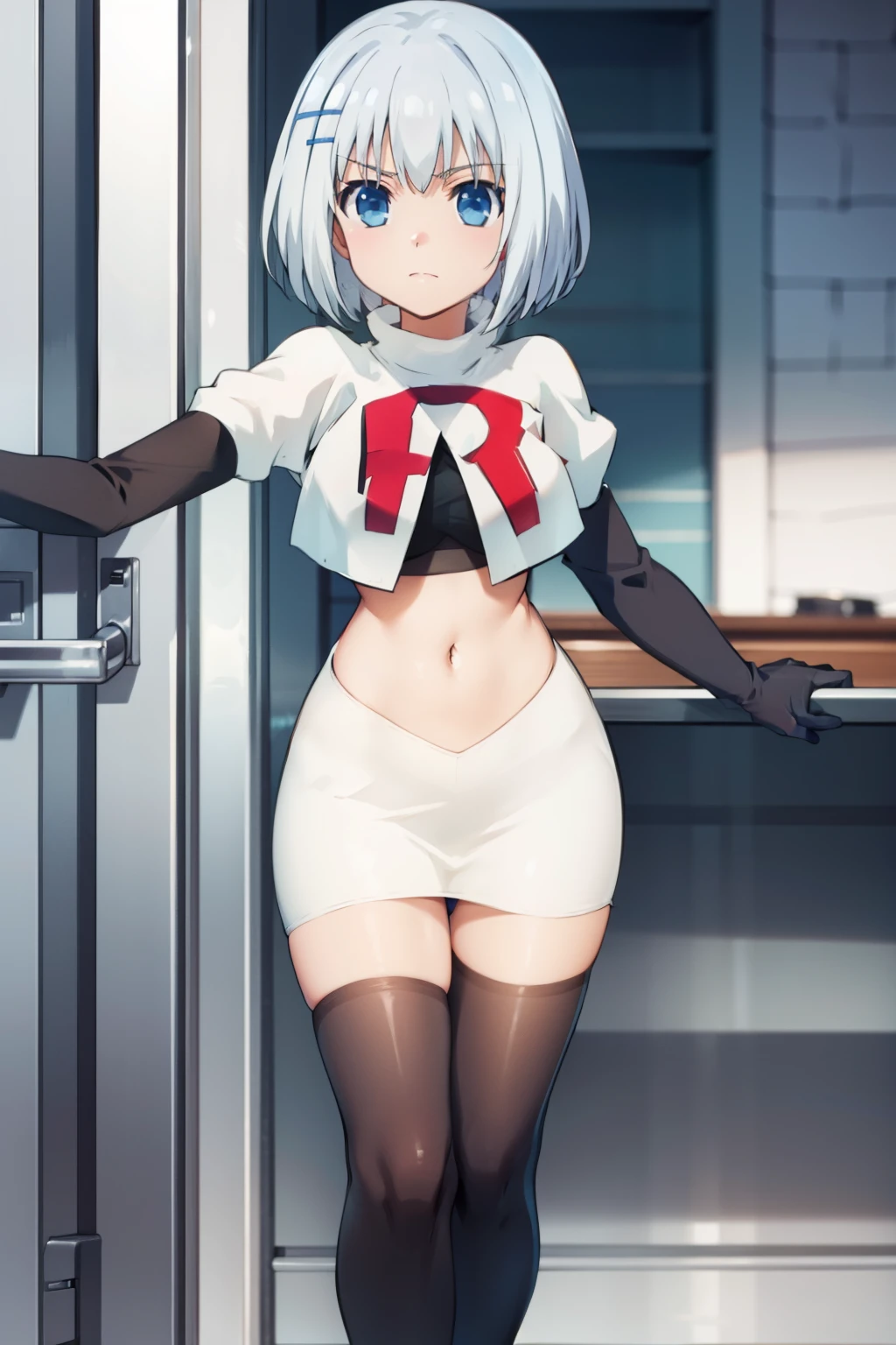 (((pixel-perfect, detail-perfect))), solo, 1girl,  origami tobiichi, team rocket,team rocket uniform,white skirt,red letter R,crop top,black thigh-highs,black elbow gloves